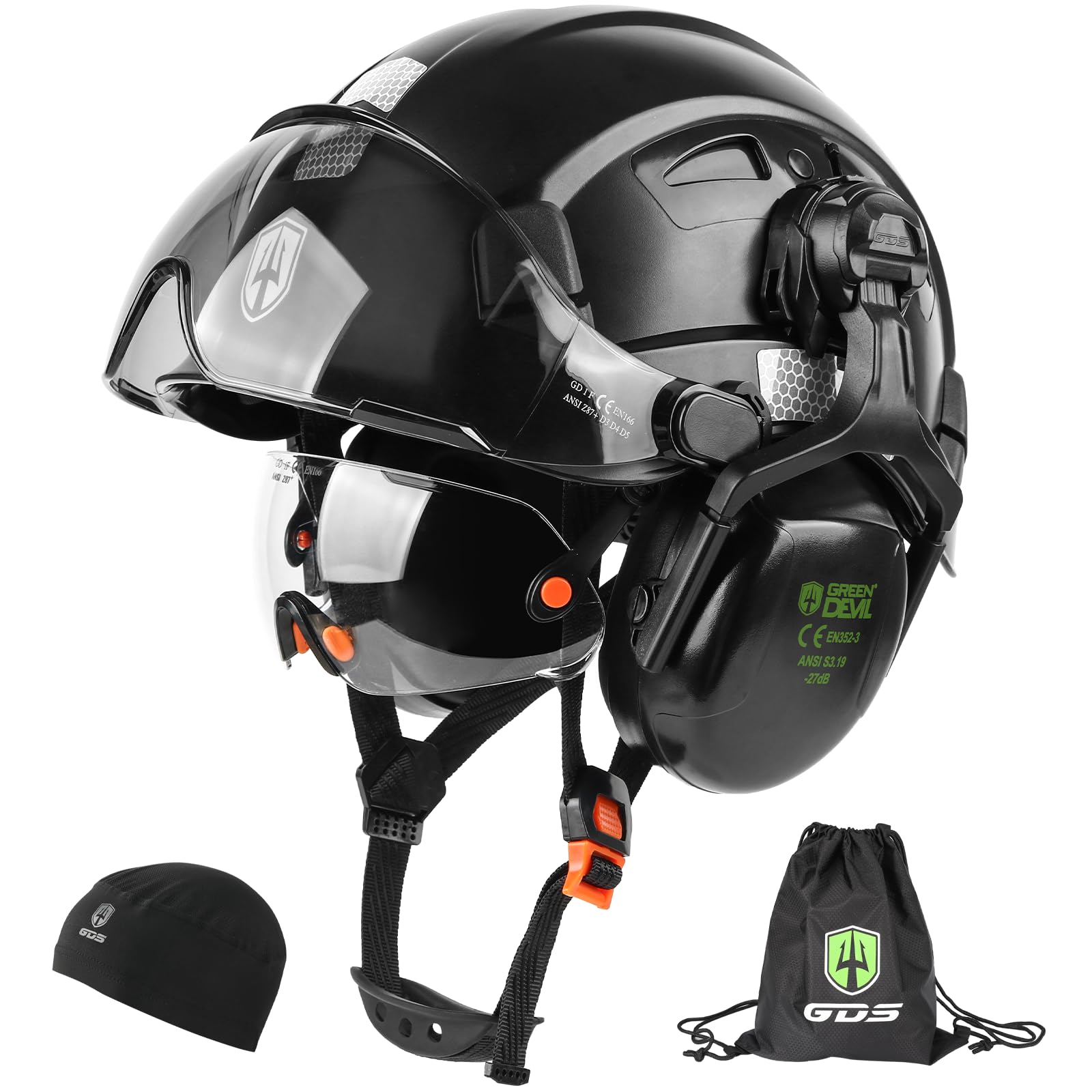 GREEN DEVIL Hard Hat Safety Helmet with Visor and Ear Muffs Men