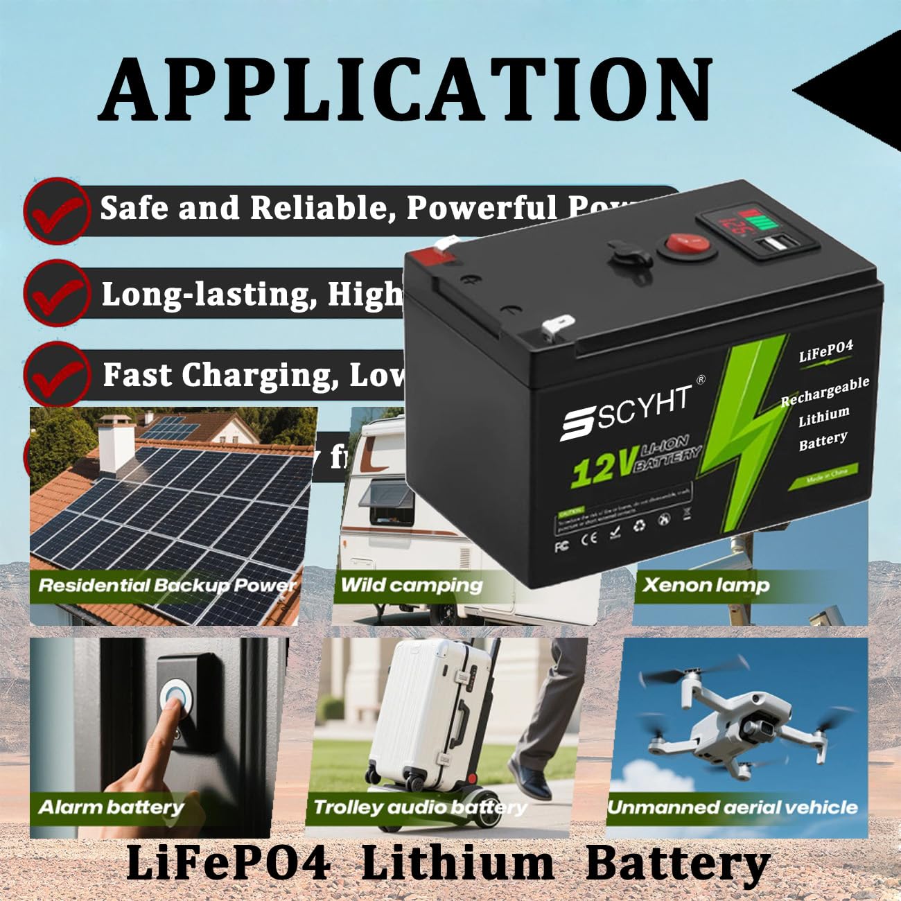 Batería LiFePO4 12V 20Ah 16Ah Batería de Litio 18Ah Baterías Recargables 12V Baterías Iones Litio para energía Solar para Motor 100W a 250W con Cargador y Puerto USB,12v20ah