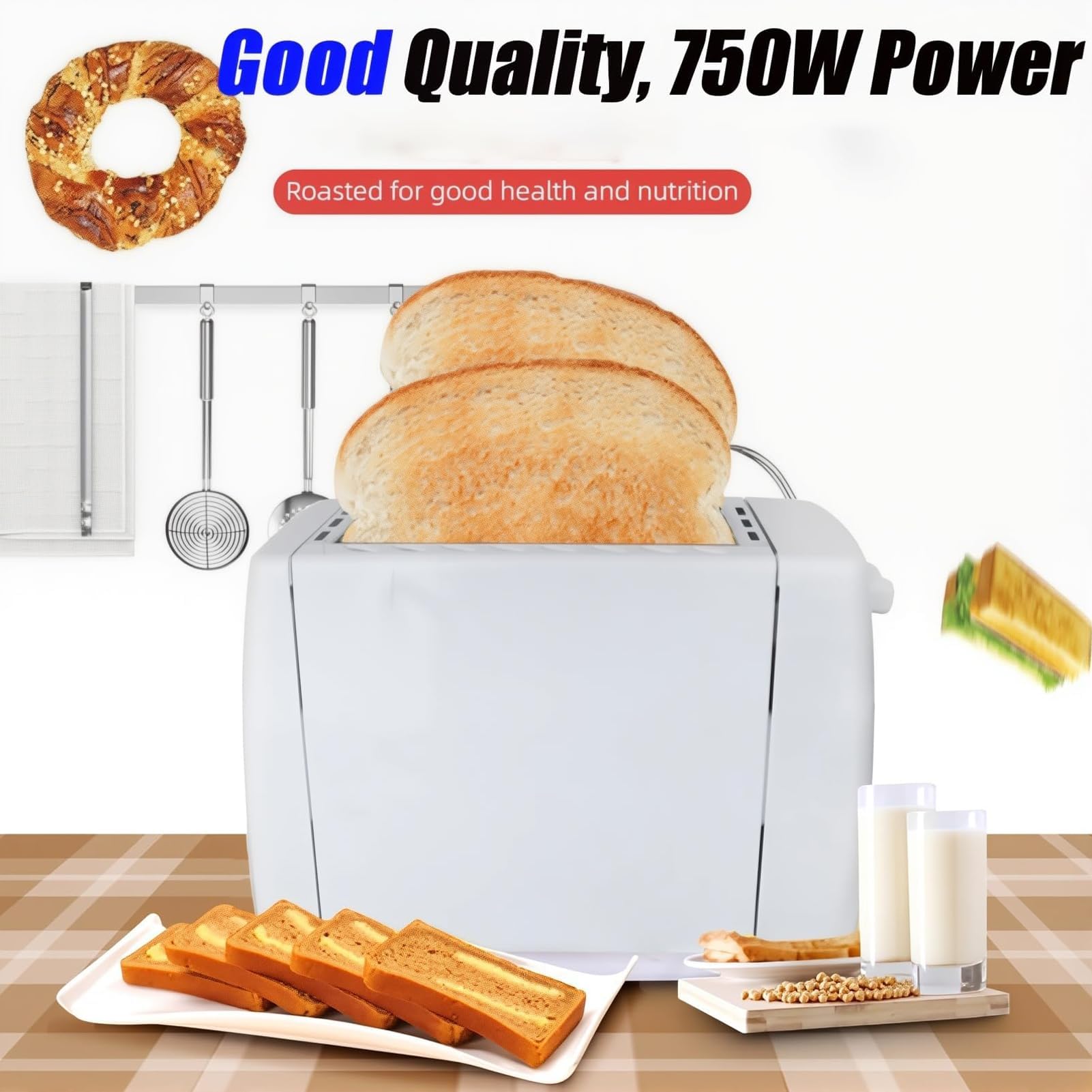 Tostadora de 2 rebanadas de 650 W, tostadora de desayuno doméstica con 6 configuraciones de sombra y bandeja para migas de pan extraíble, centrado automático, ranura para hornear ensanchada de cream