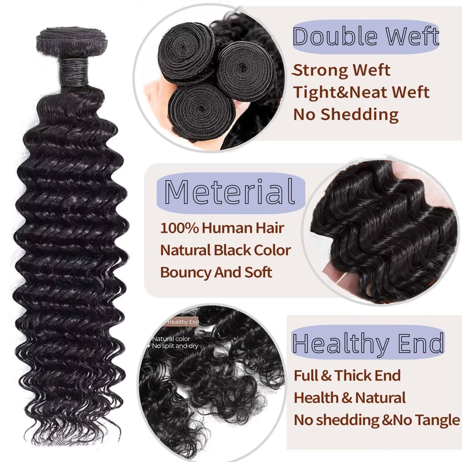 Qunatuma Human Hair Curly Deep Wave Bundles 12A 100% Unprocessed Brazilian Virgin Weave 3 Bundles 18-22 Inch Black Wig - Image 2