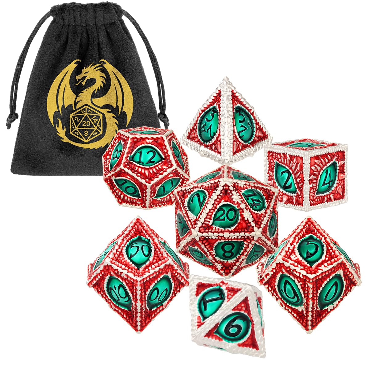 Metal Dice Set, Dragon Eye Theme, 7pcs Polyhedral Metal DND Dice Set, DND Starter Set, D&D Gifts with Gift Bag, Role Playing Board Games Accessories, Silver Red Green
