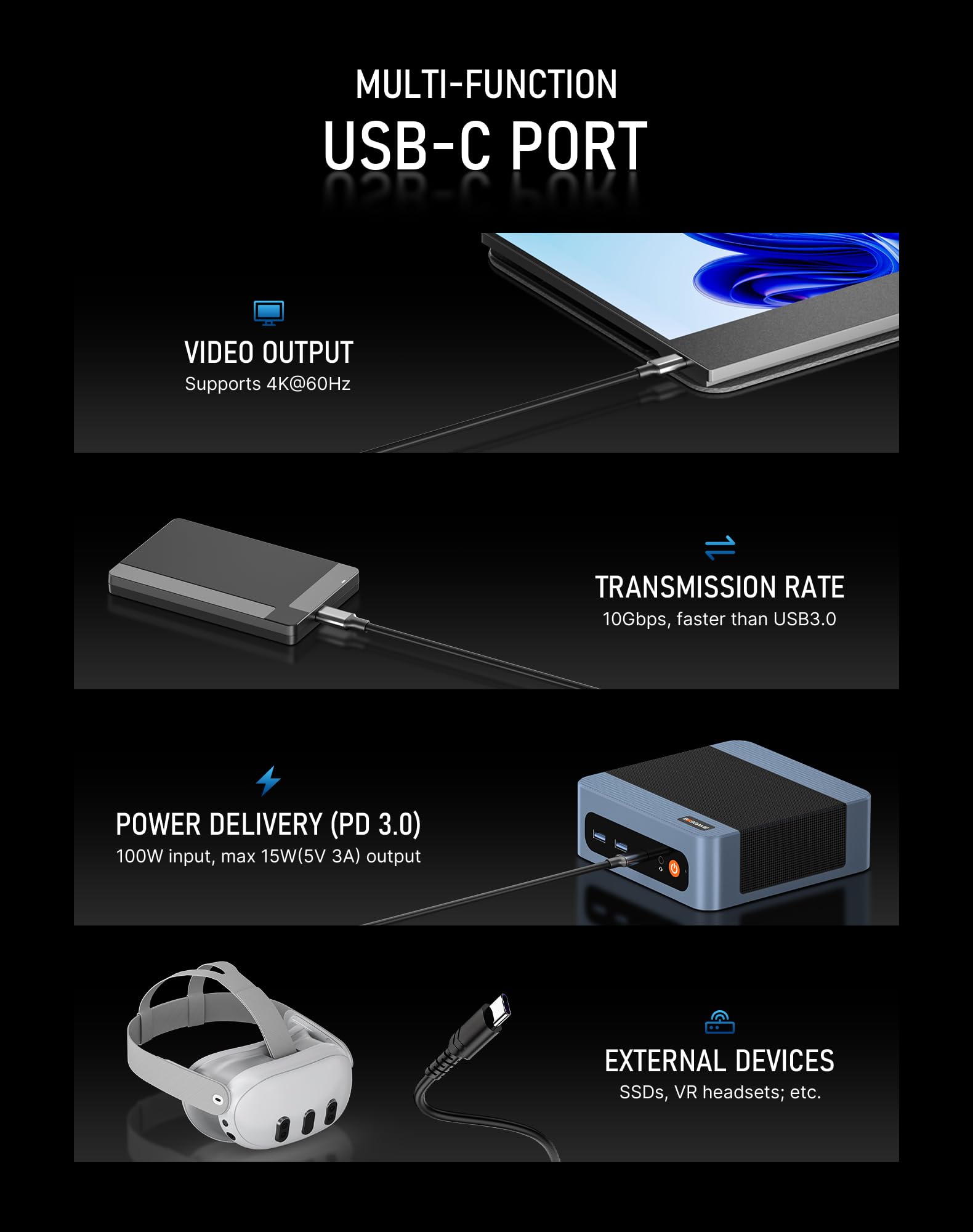BOSGAME E5 Plus Mini PC, Ryzen 5400U (fino a 4,0 GHz), 8GB DDR4, SSD 256GB | Win 11 Pro, HDMI/DP/USB-C, Triplo Display 4K, doppia LAN 2.5G, WiFi 5, Bluetooth 5.0, Mini Computer per Business/Ufficio/Casa