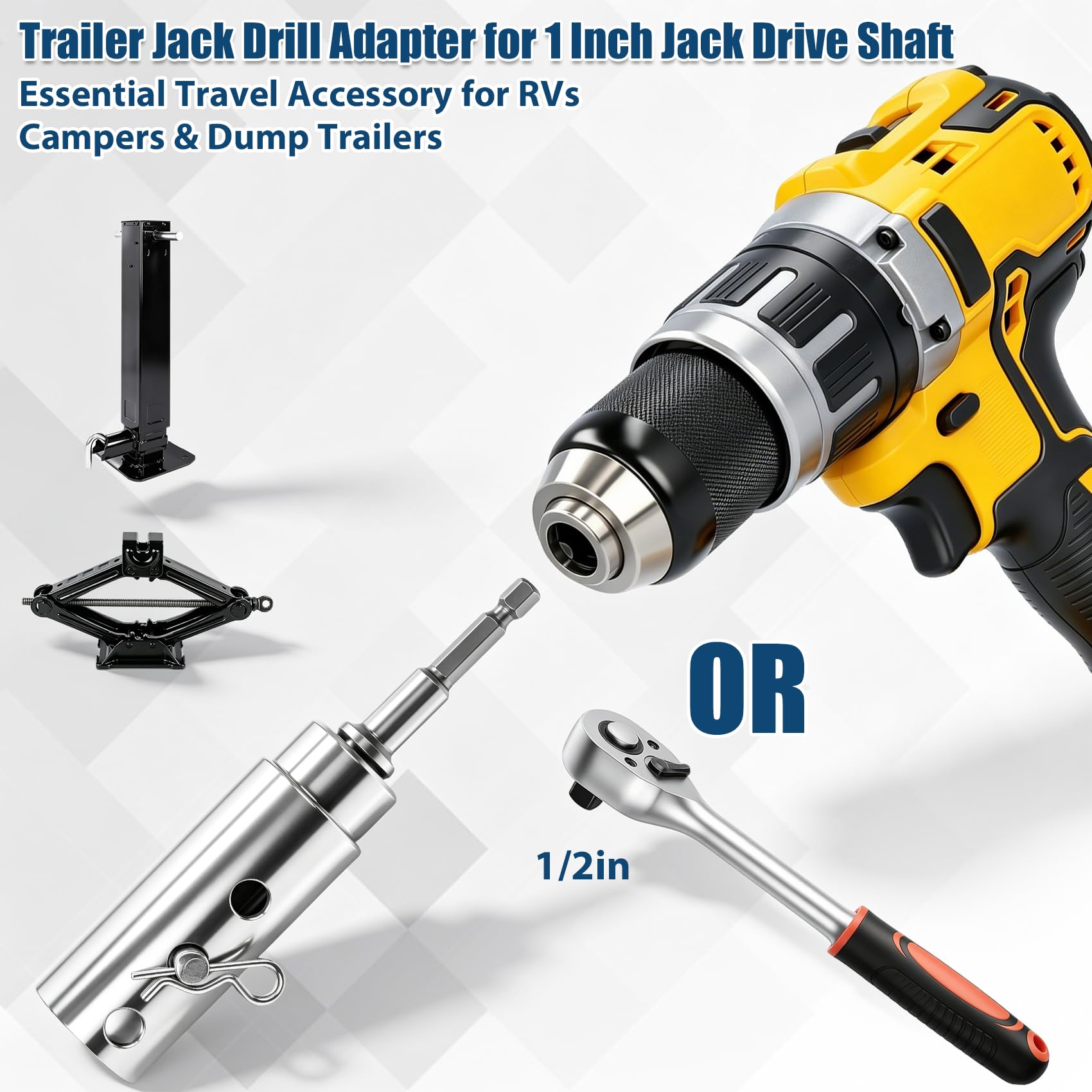 Adapter do wiertarki podnośnika przyczepy, ulepszony adapter wiertarki akumulatorowej ze stali nierdzewnej pasuje do wałów napędowych jack 1 "na 1/5.1 cm, zestaw bitów nasadowych w zestawie