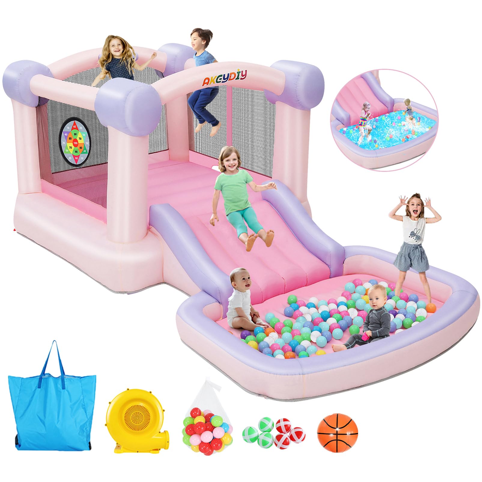 Photo 1 of AKEYDIY Bounce House, Pastel Inflatable Bounce House with Slide, 161x82x63 inch, Blower Included, Basketball Hoop,50 Pastel Plastic Balls,Bouncy House Castle Indoor &Outdoor Party Gift for Boy Girl Macaron bouncer