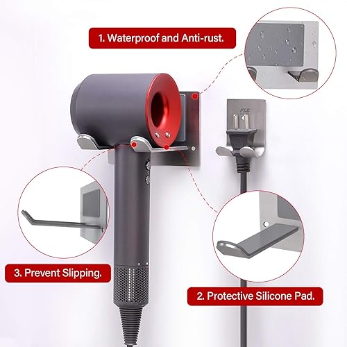 Miniatura 9 de FLE Soporte para secadora de pelo montado en la pared, autoadhesivo, organizador para secadora de pelo compatible con la mayoría de secadores de