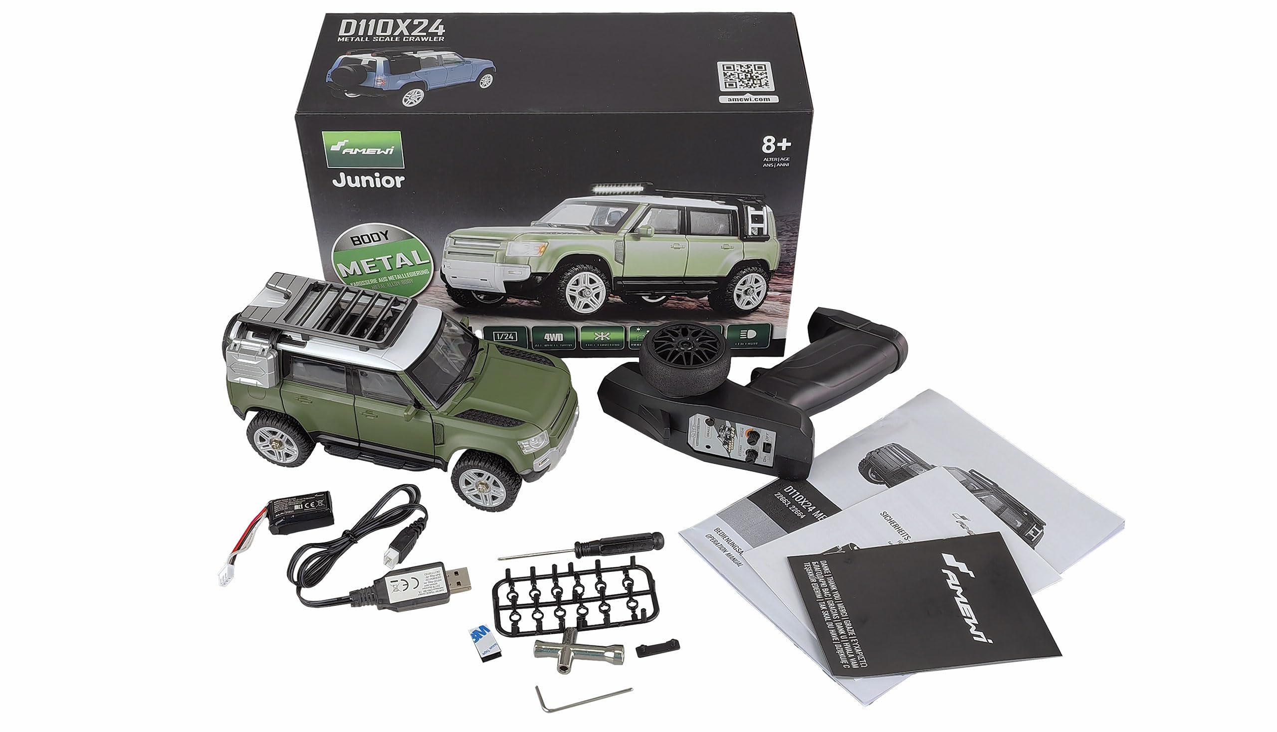 Amewi 22663 D110X24 metalowa skala RC Crawler, zdalnie sterowany samochód, 4WD 1:24 RTR zielony
