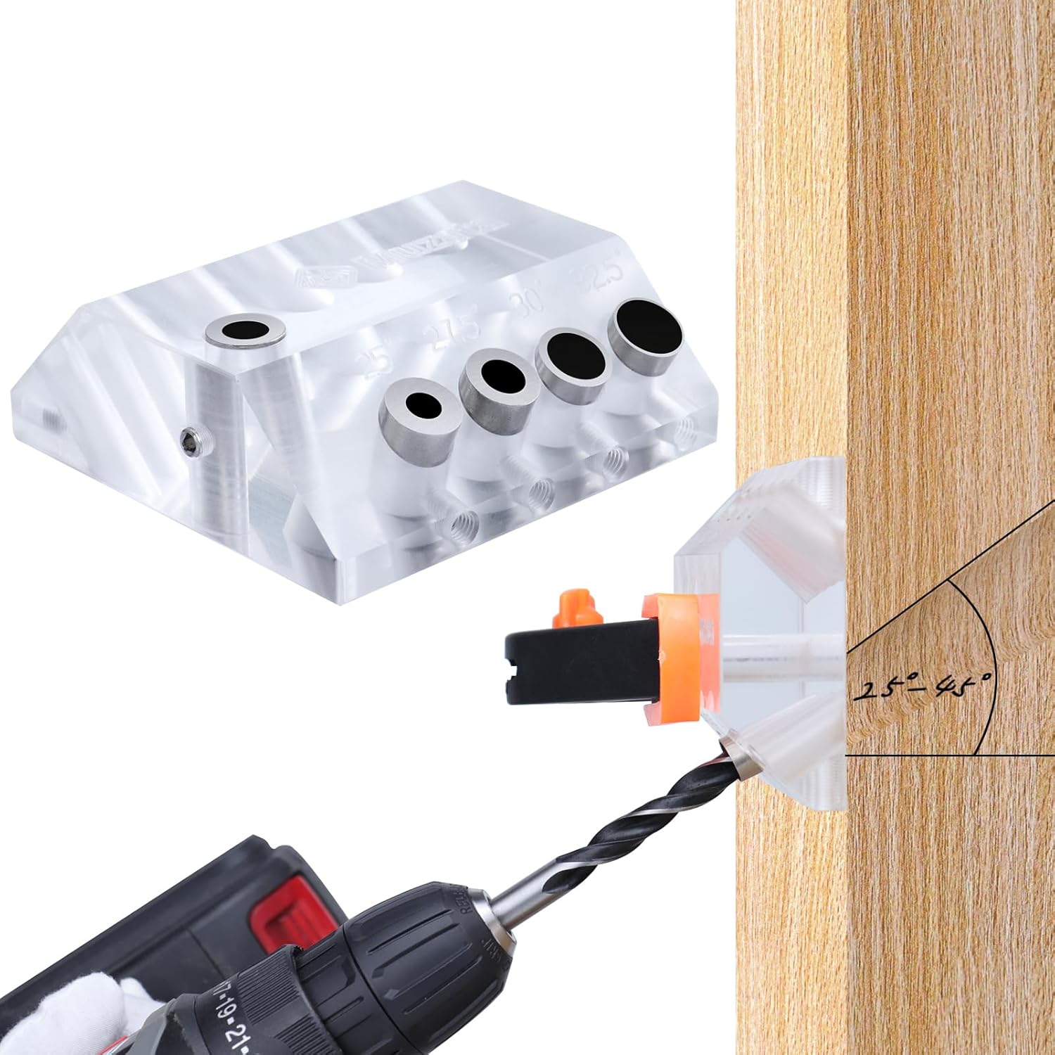 Muzata Upgraded Multi Angle Cable Railing Drill Guide Jig 25 30 35 40 45 90 Degree Portable Drilling Template 4 Sizes for Horizontal Angle Wood Post 3/16 1/8 Cable Railing Hardware Kit Tool CT19