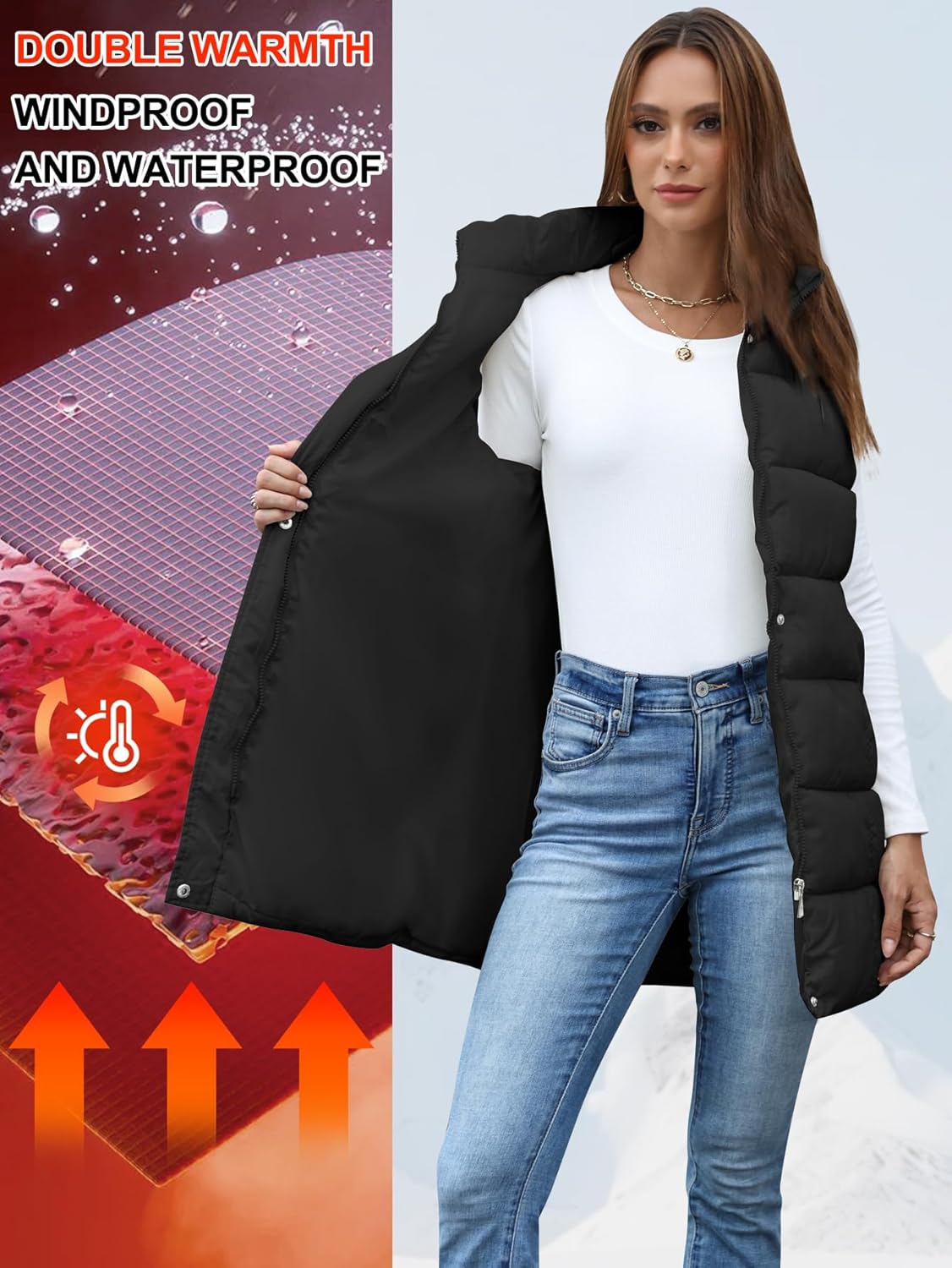 Gihuo Women's Long Puffer Vest Winter Quilted Hooded Sleeveless Zip Up Long Jacket Vest Gilet - Image 2