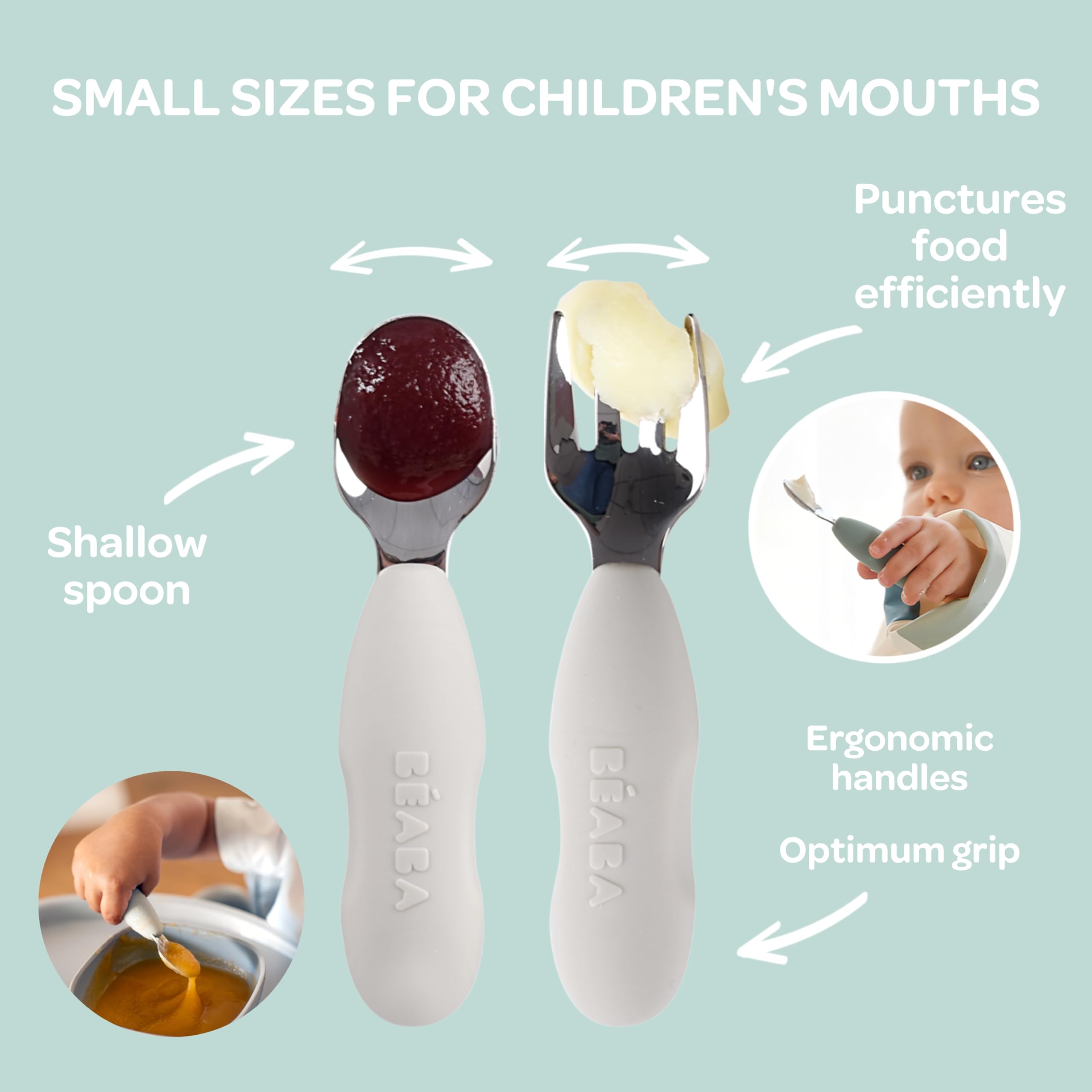 BEABA, zestaw 2 sztućców ze stali nierdzewnej i silikonu, sztućce dla niemowląt, sztućce dla dzieci, od 10 miesięcy, ergonomiczny kształt, ergonomiczny uchwyt, sztućce do nauki dla niemowląt,