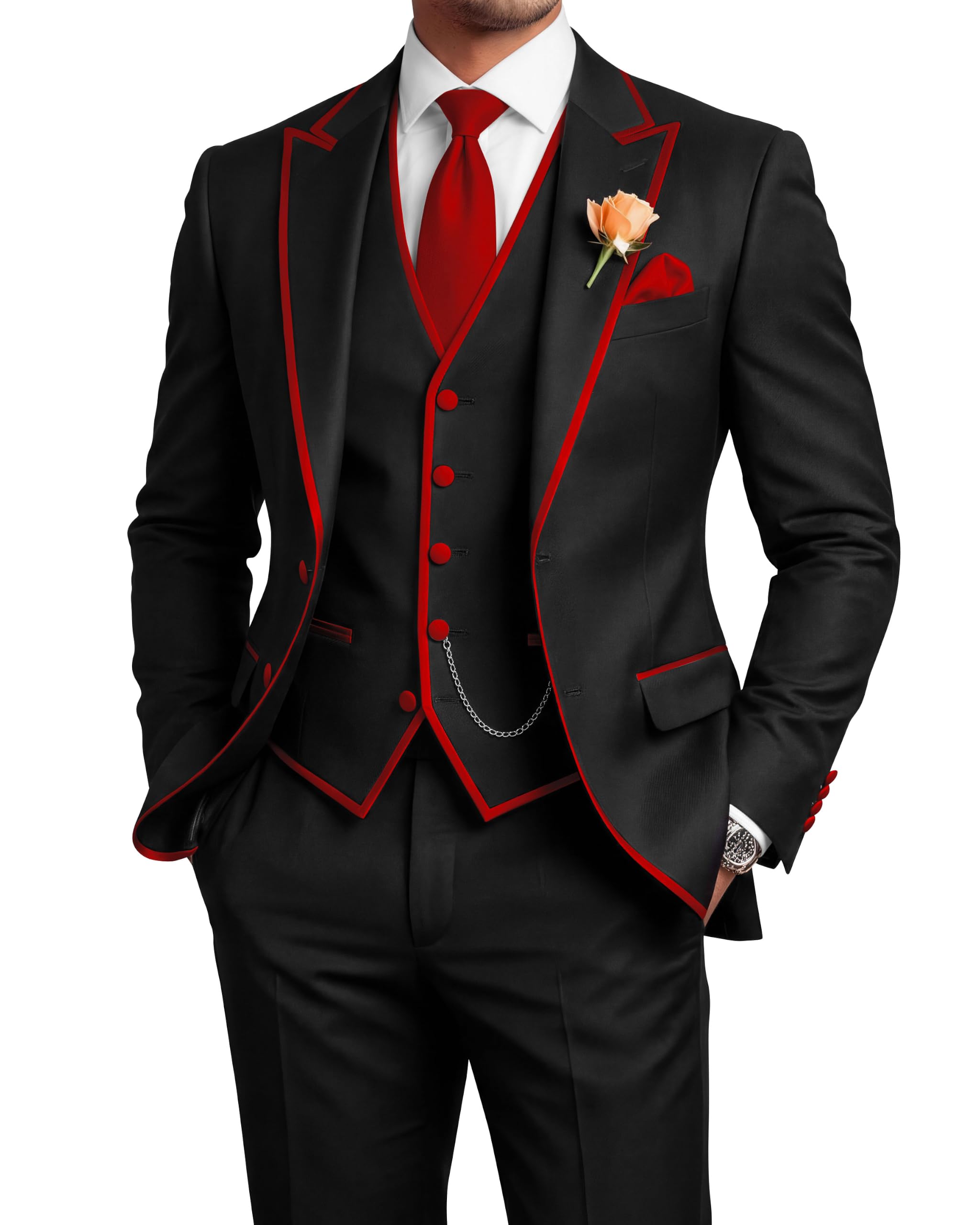 Men's 3 Piece Tuxedo for Men Slim Fit Black Wedding Suits for Groom Groomsman Prom Graduation Jacket Vest Pants
