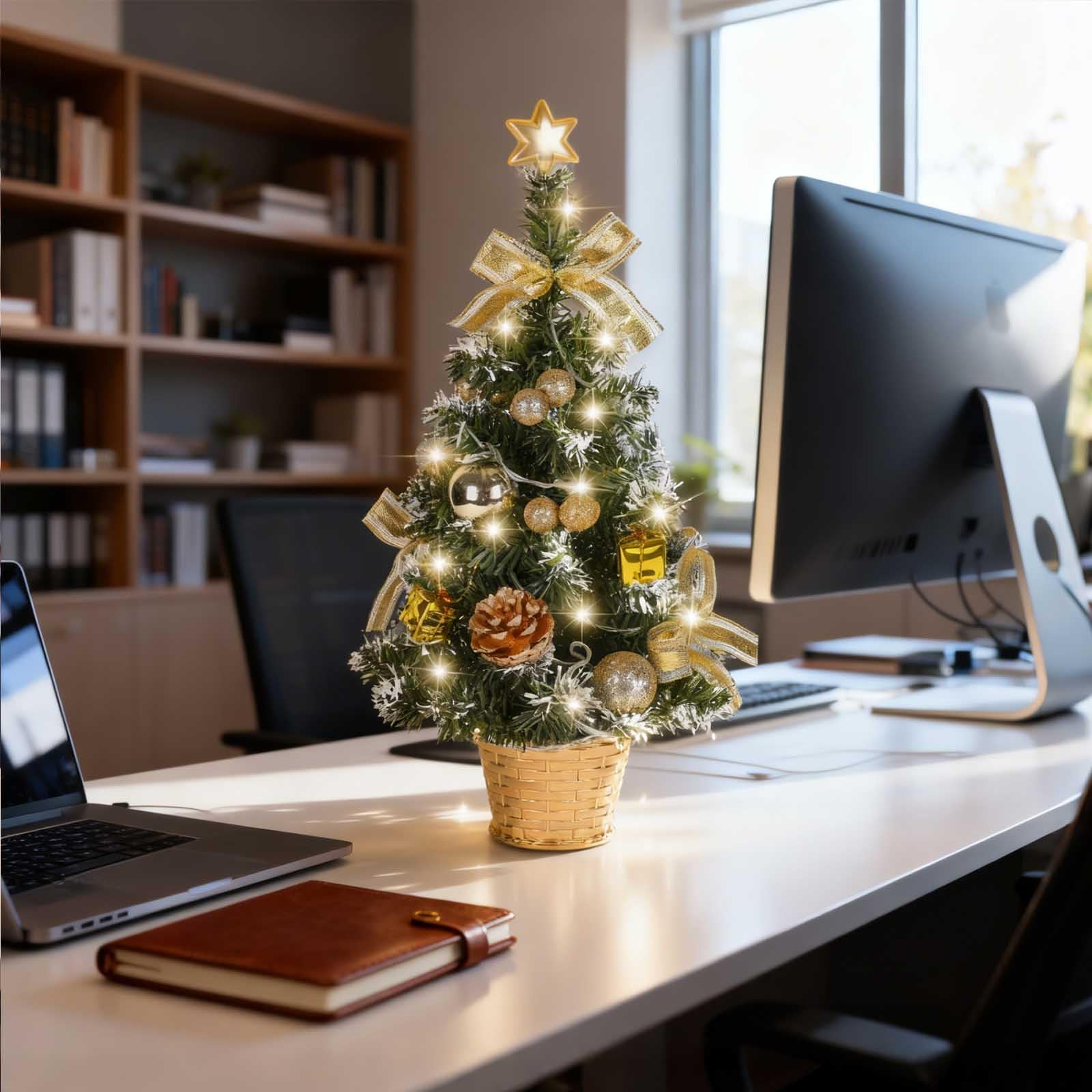 Árbol de Navidad pequeño Mrinb con Luces, Mini árbol de decoración de Escritorio para el hogar, Oficina, Bar de Compras, Dorado, Dorado