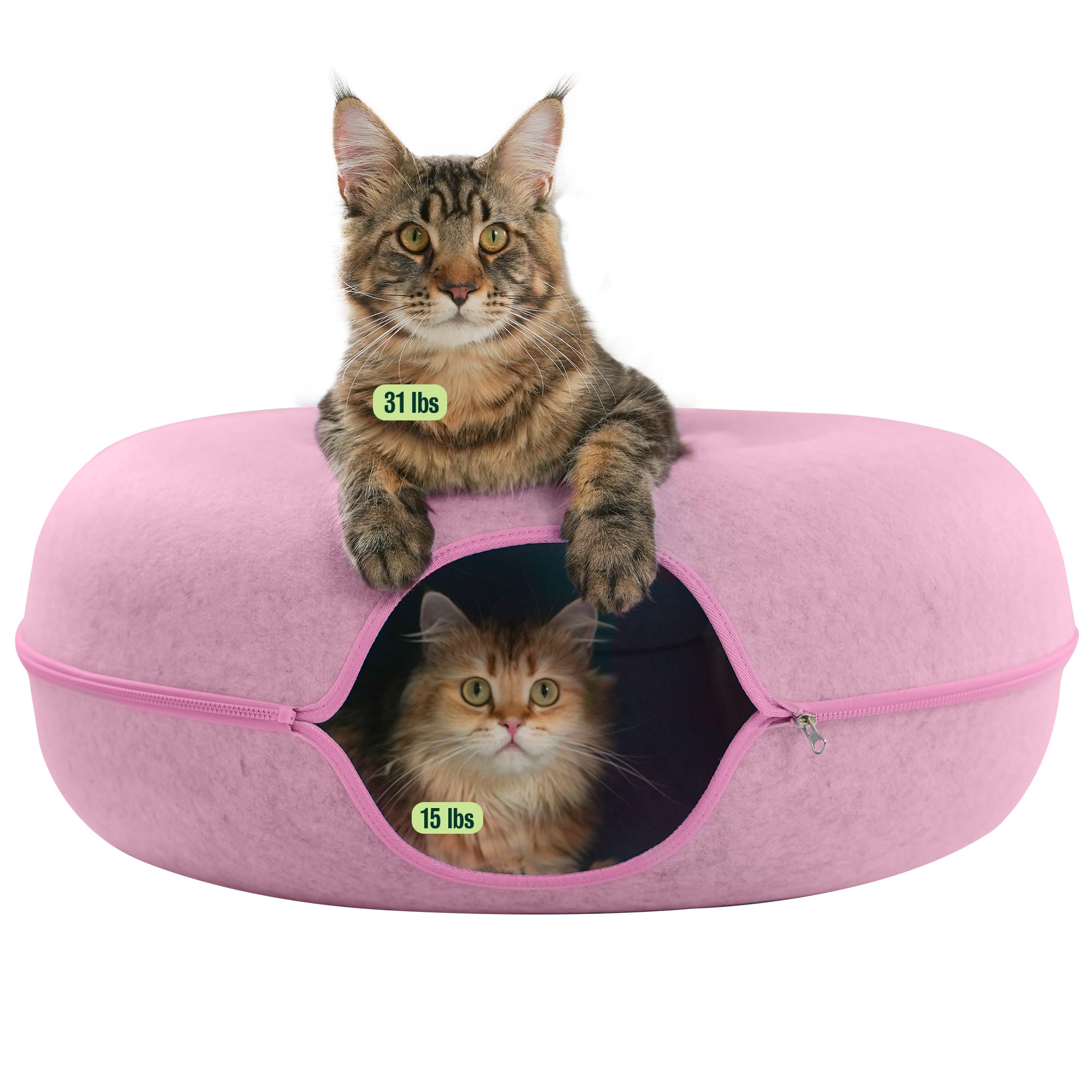Cattasaurus Peekaboo Cat Cave Donut for Multiple &amp; Large Cats up to 30-45 lbs, 3-in-1 Self Warming Cat Bed, Tunnel &amp; Scratcher for Indoor Cats, Washable &amp; Detachable Small Dog Bed (Pink, Jumbo)