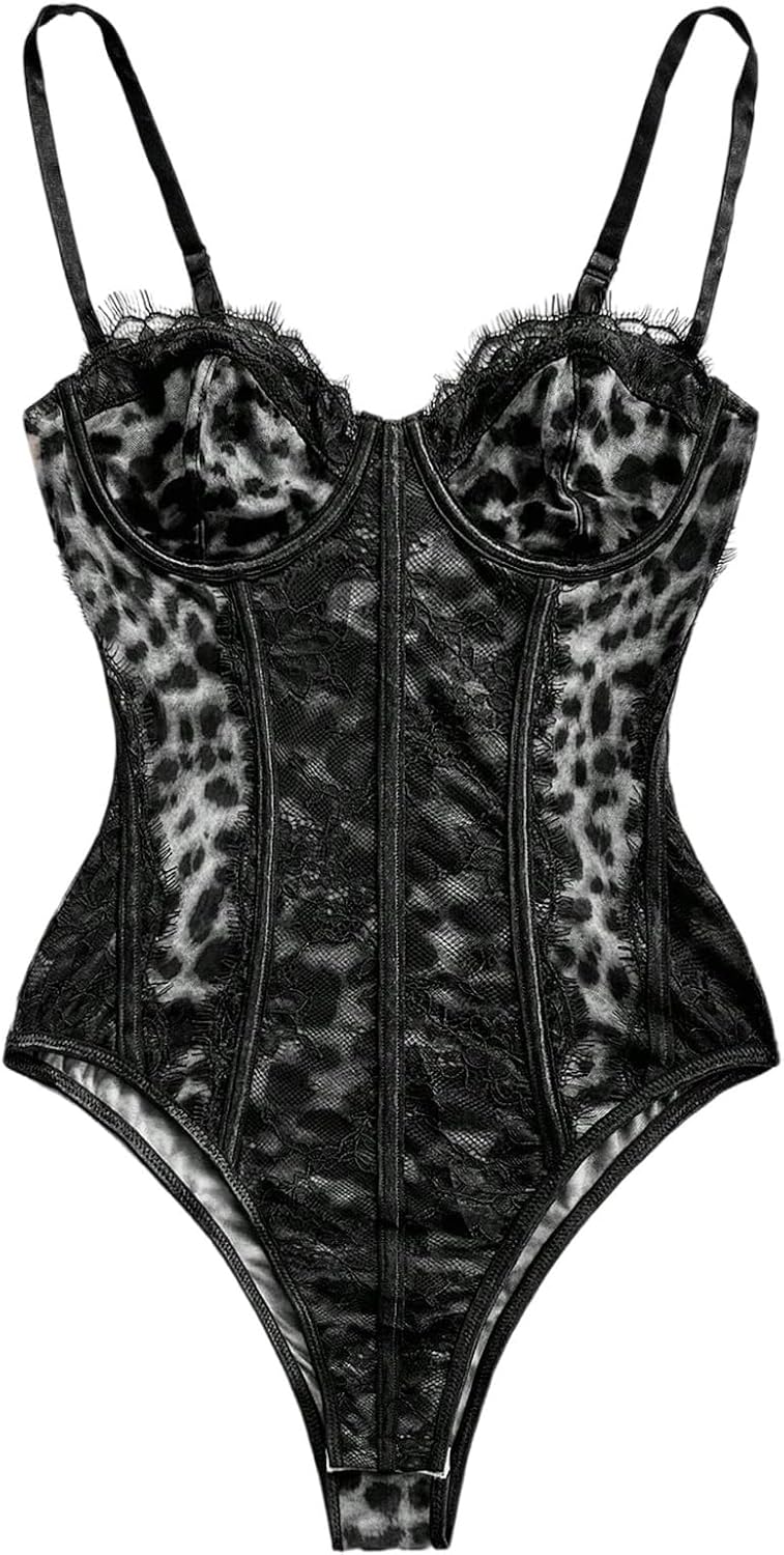 GORGLITTER Women's Sexy Leopard Bodysuit Sheer Lace Eyelash Cheetah Corset Top Party Night Club Spaghetti Strap Bodysuit