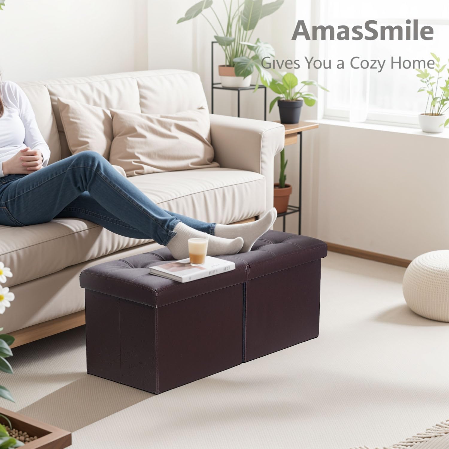 AmasSmile Banco otomano reposapiés con almacenamiento, reposapiés de cuero marrón de 34 pulgadas, mesa de café, asiento acolchado, baúl de almacenamiento, tienda de mantas con tapa abatible para sala