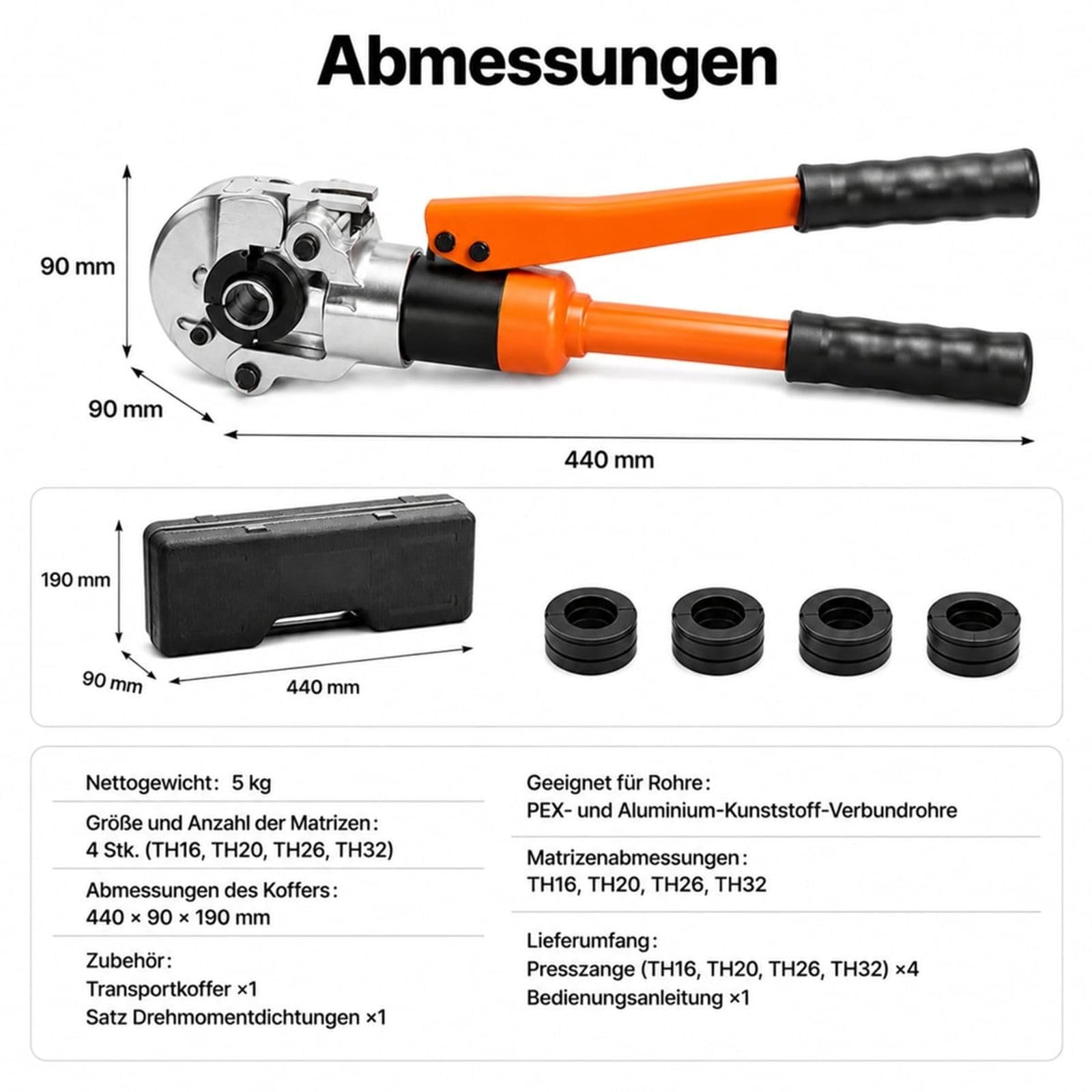 Hydraulische Presszange für PEX Aluminium Kunststoffrohre mit wechselbaren Backen und Tragekoffer für Sanitärinstallation
