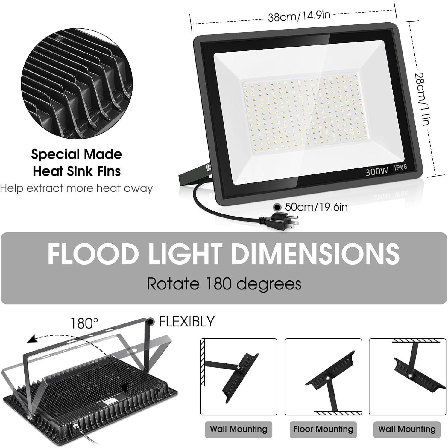 2 Pack 300W LED Flood Light Outdoor,2000W Equivalent 43500LM 5000K Daylight White Super Bright FloodLight with Plug,IP66 Waterproof Commercial Lighting for Sports Fields,Counts,Arena,Stadium
