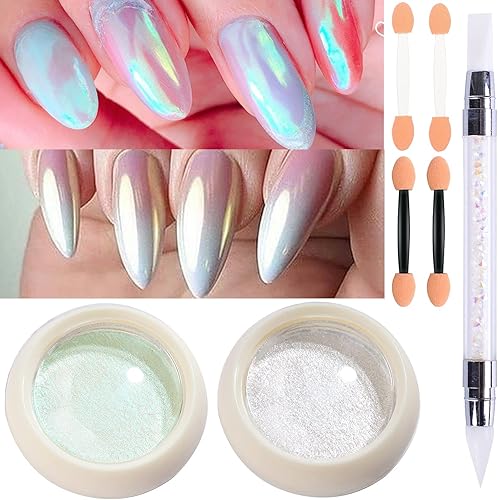 2 cajas de uñas de cromo perla con efecto espejo, uñas de concha de hada, polvo holográfico aurora iridiscente nacarado pigmento de manicura arco