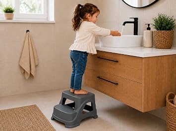 Orret Home 2 Basamaklı Merdiven Tabure Kaydırmaz Ayaklı Sağlam Plastik Basamak, Çocuk ve Yetişkin İçin Lavabo Mutfak Banyo WC Dolap Çok Amaçlı Basamak Taburesi Gri