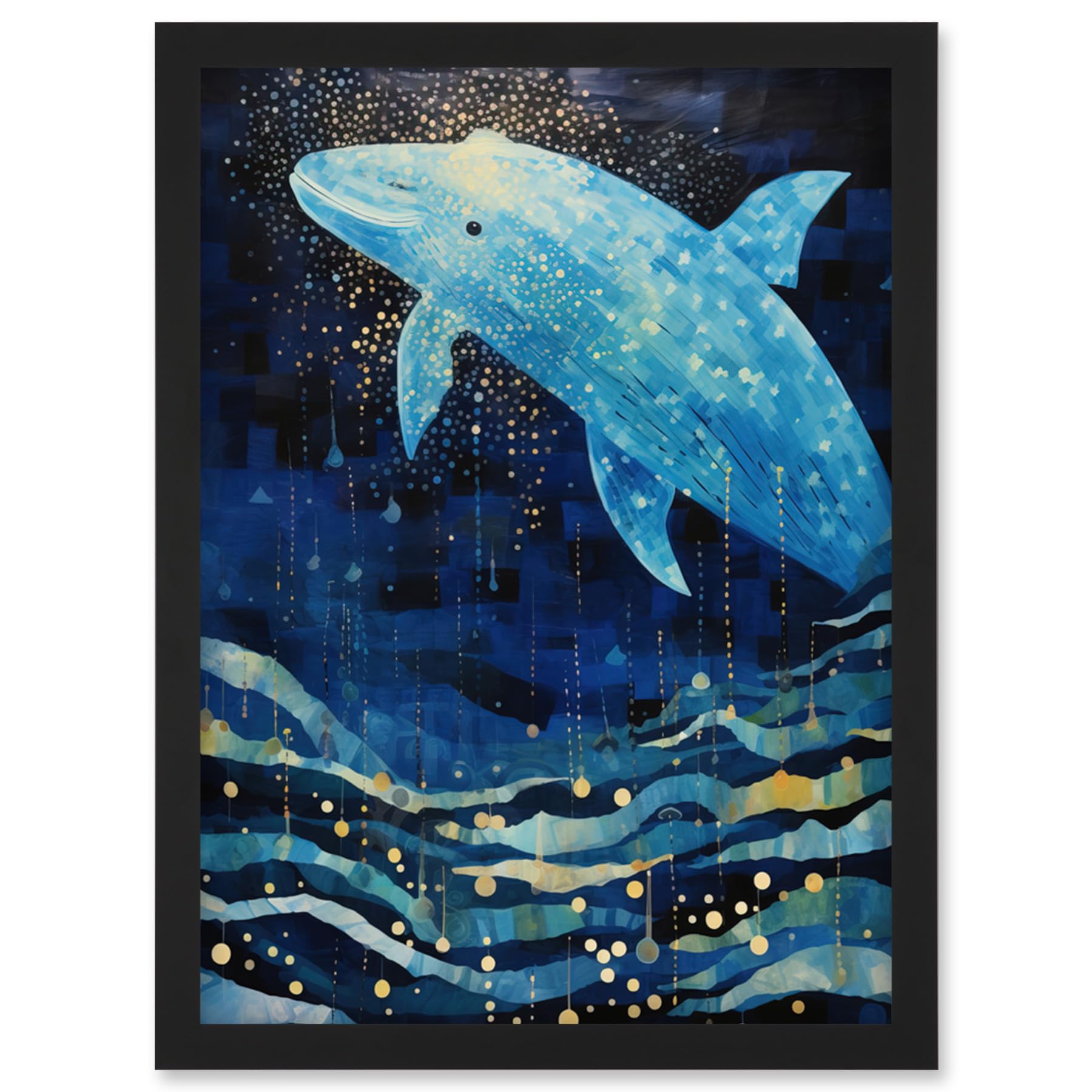 Artery8 Blue Whale Breach in Winter Waters Moonlit Seascape Waves Artwork Framed Wall Art Print A4