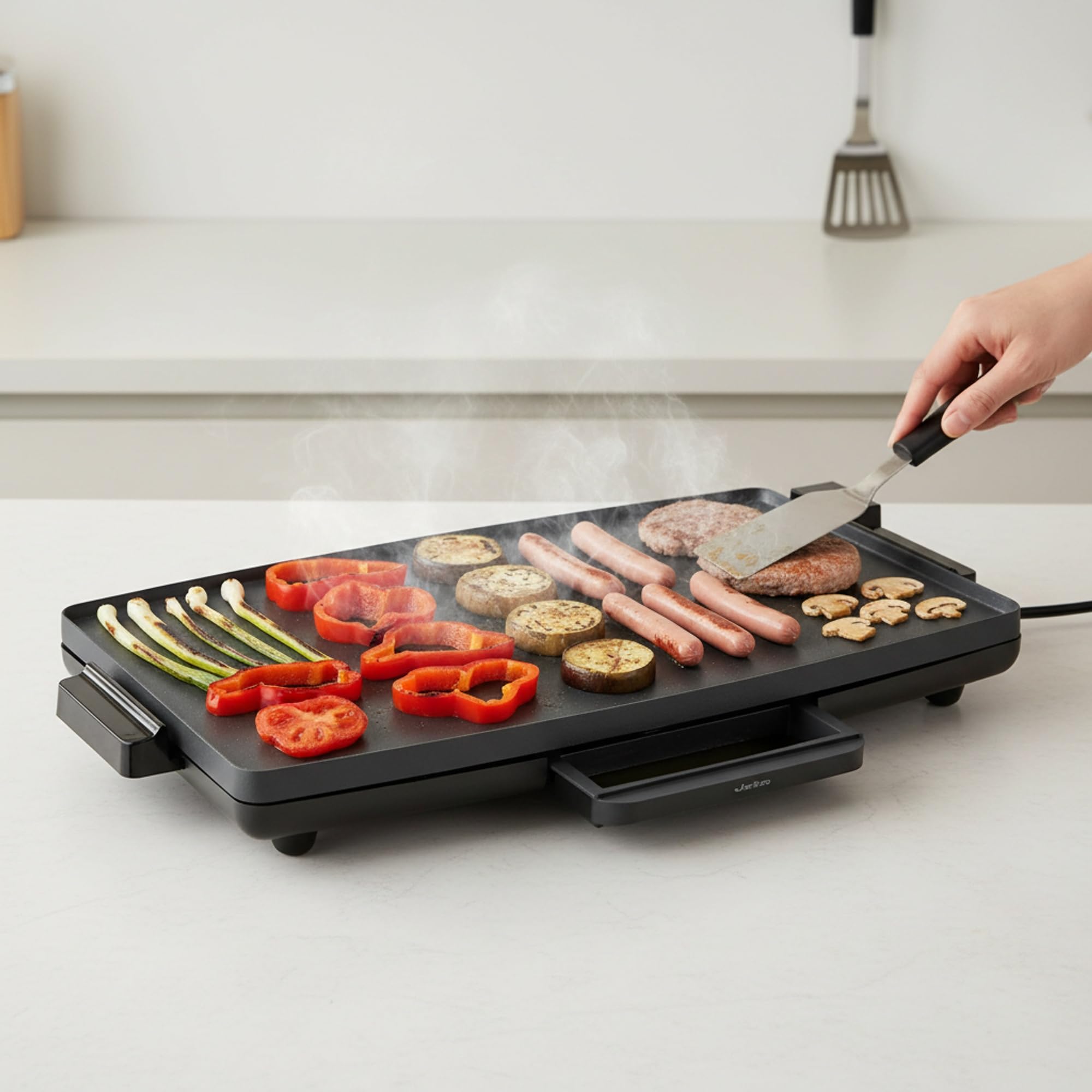 JATA JEGR1603 - Plancha de Asar Eléctrica XXL 2400W, Grill Eléctrico Antiadherente Sin PFOA, Superficie 60x35 cm, Resistencia en M, Cocina Saludable, Fácil Limpieza