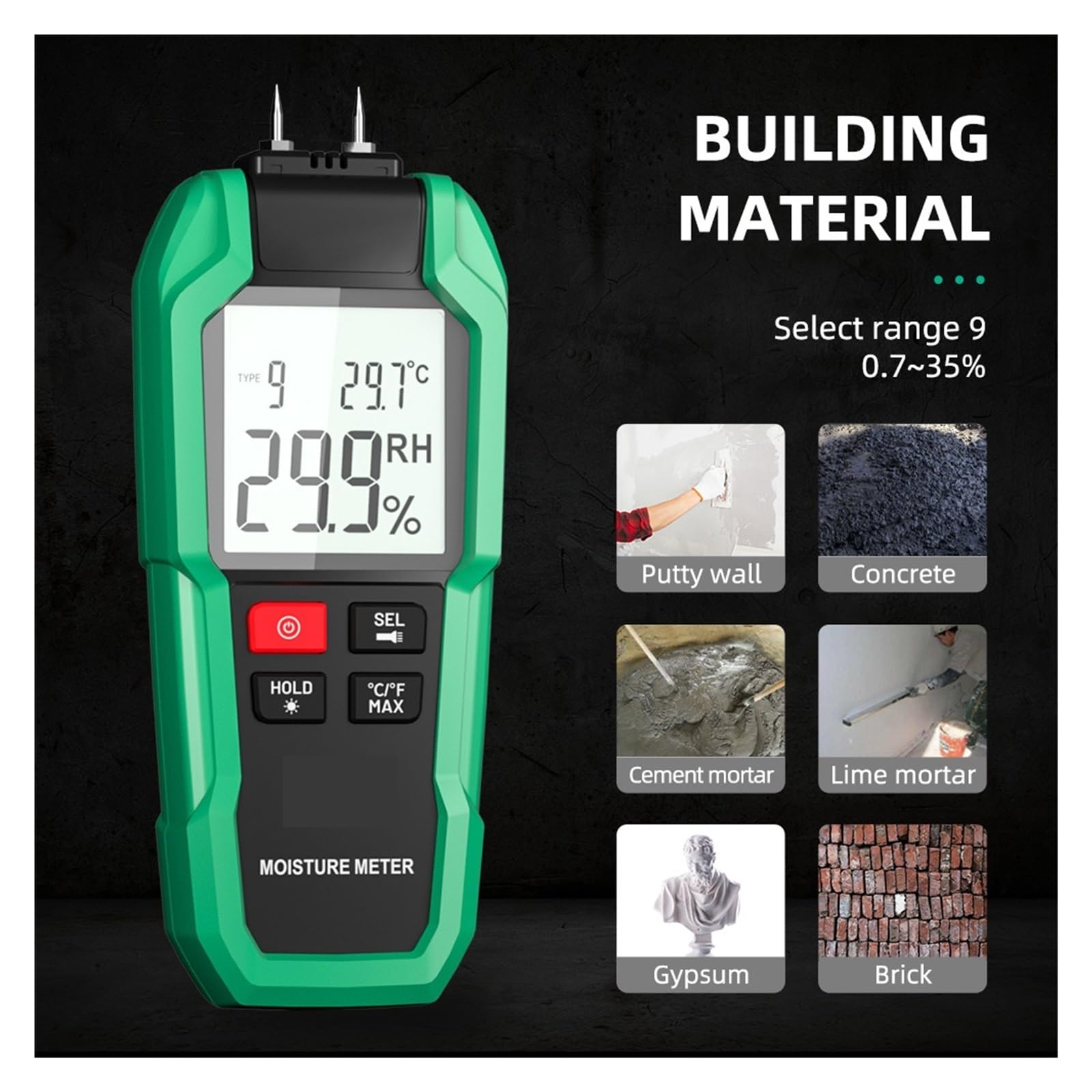 Medidor de humedad madera digital dos pines, 6-100%, detector con plla LCD grande Alta precisión