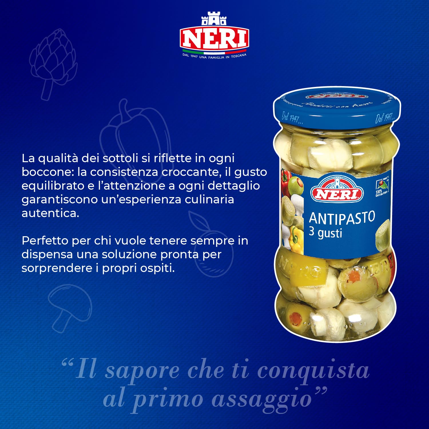 Neri Sottoli - Antipasto Tre Gusti - Ideale per Apertivi o come Contorno - Mix di Funghi coltivati, Olive farcite, Carciofi e Peperoni Rossi e Gialli - 4 confezioni da 290 g