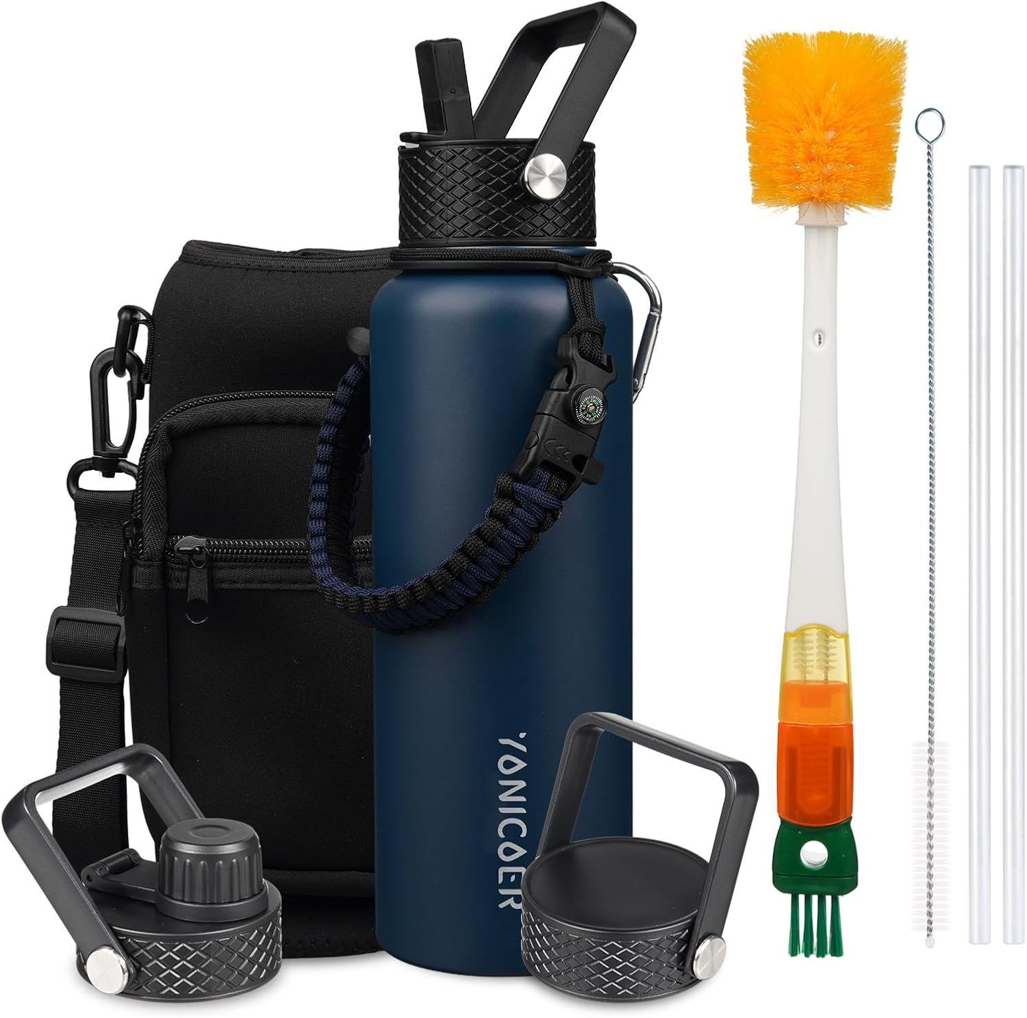 Insulated Water Bottle 40oz,Triple Wall Vacuum Stainless Steel(Dishwasher Safe),Leak Proof & Non-BPA,Flask Jug with Paracord Handle & Straw Spout Lids Sports Navy Blue