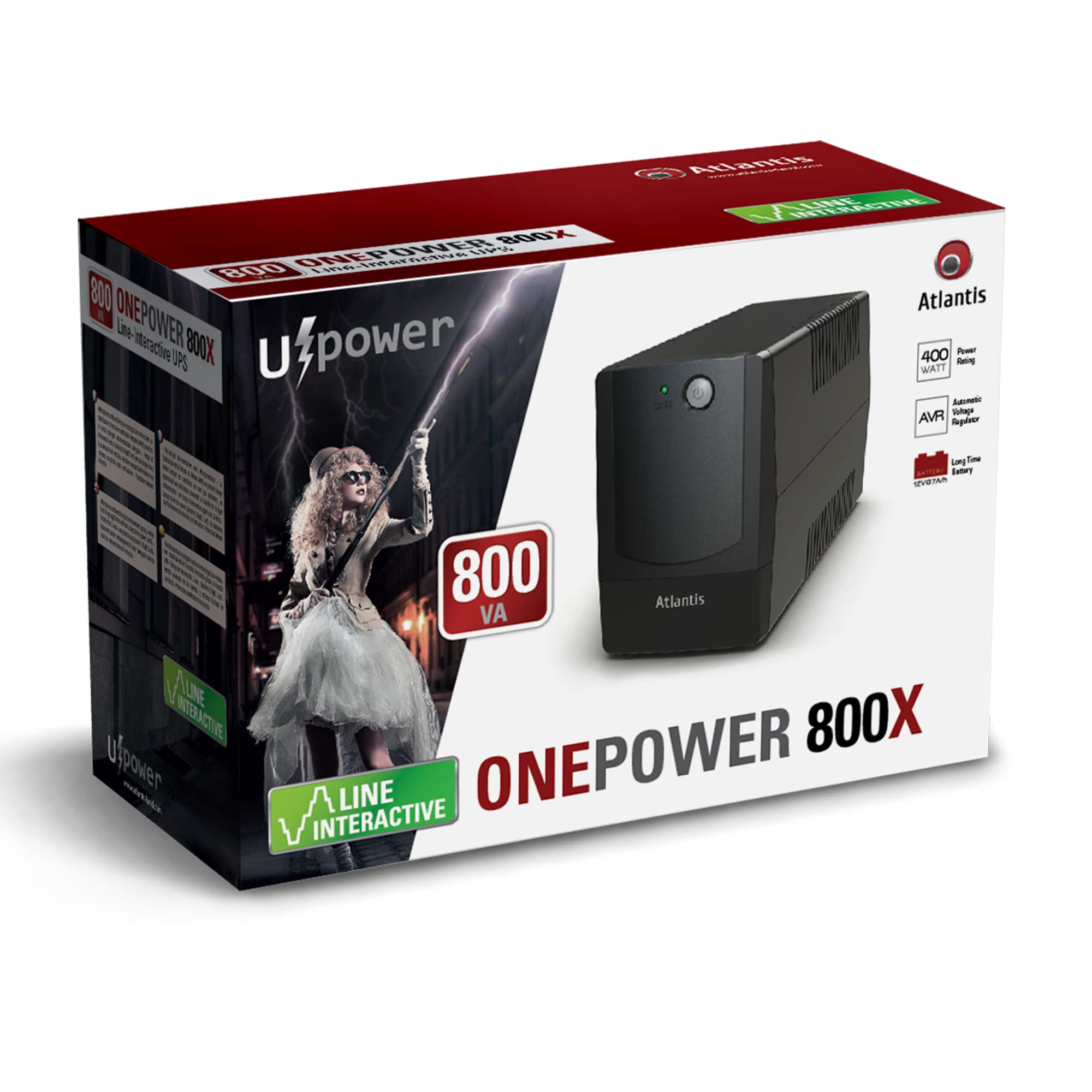 Atlantis Land OnePower PX800 800VA 4AC outlet(s) Compacto Negro sistema de alimentación ininterrumpida (UPS) - Fuente de alimentación continua (UPS) (800 VA, 400 W, 162 V, 268 V, 220 V, 220 V)