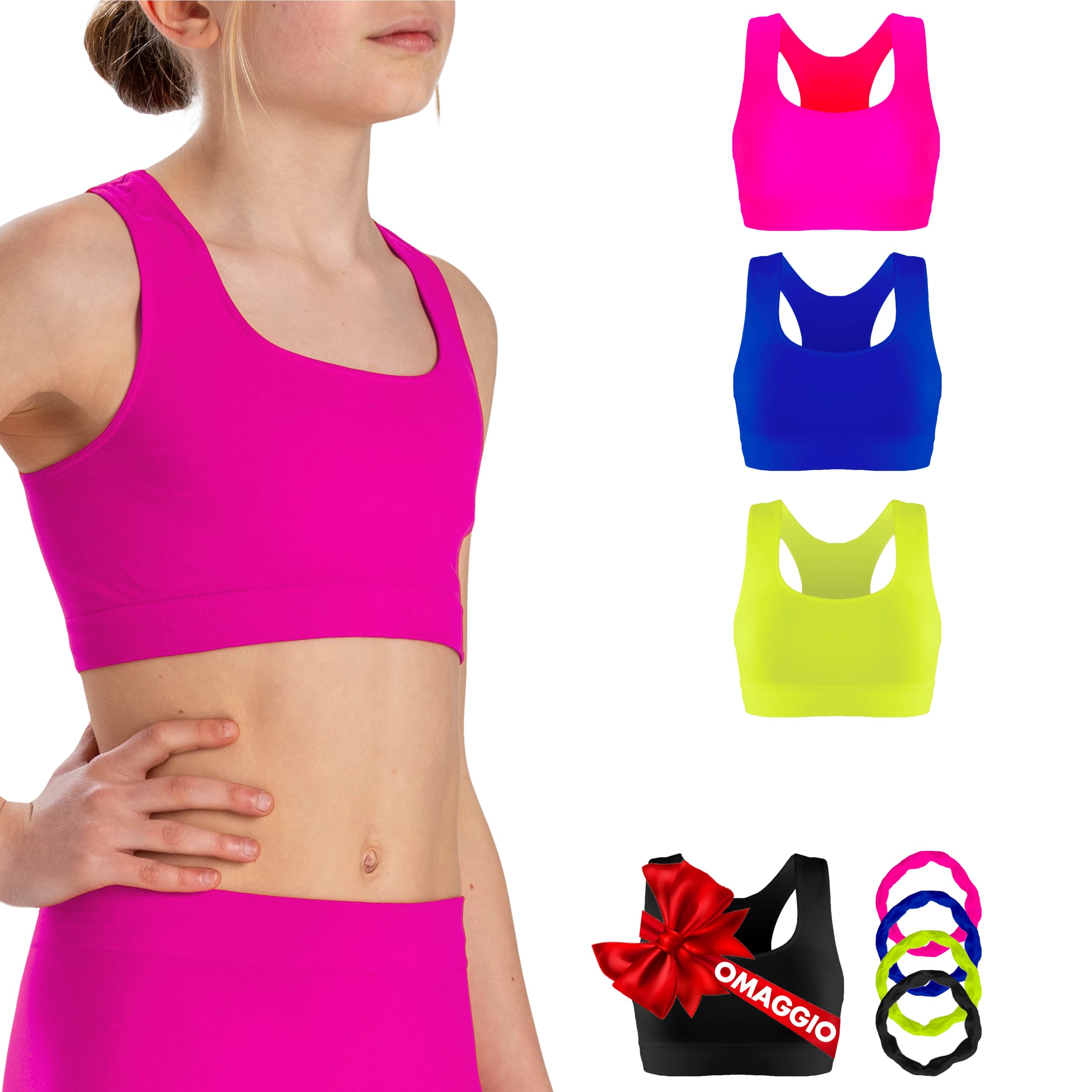 Risalti Top Bambina Olimpionico Microfibra 3 pz - Top Ragazza Senza Cuciture, Top Sportivo Bambina, Reggiseno Ragazza Sportivo, Seamless, Bracciali in Omaggio - Made in Italy