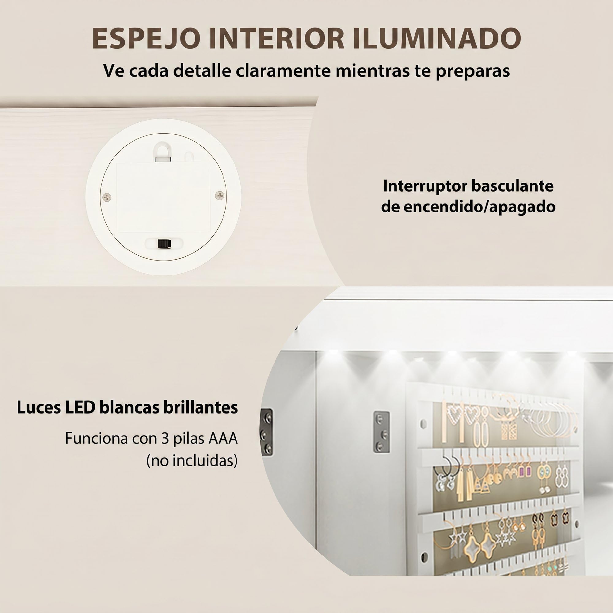 HOMCOM Espejo Joyero con Luz LED, Armario Joyero Montado en la Pared o en la Puerta, Armario para Joyas con Cerradura, Espejo Entero sin Marco, 2 Cajones, para Regalo, 37x10x120 cm, Blanco