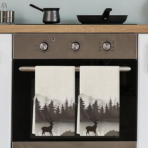 Miniatura 5 de Toallas de cocina de algodón, paquete de 2 paños de cocina de diseño de ciervo retro absorbentes con silueta de bosque, toallas de mano