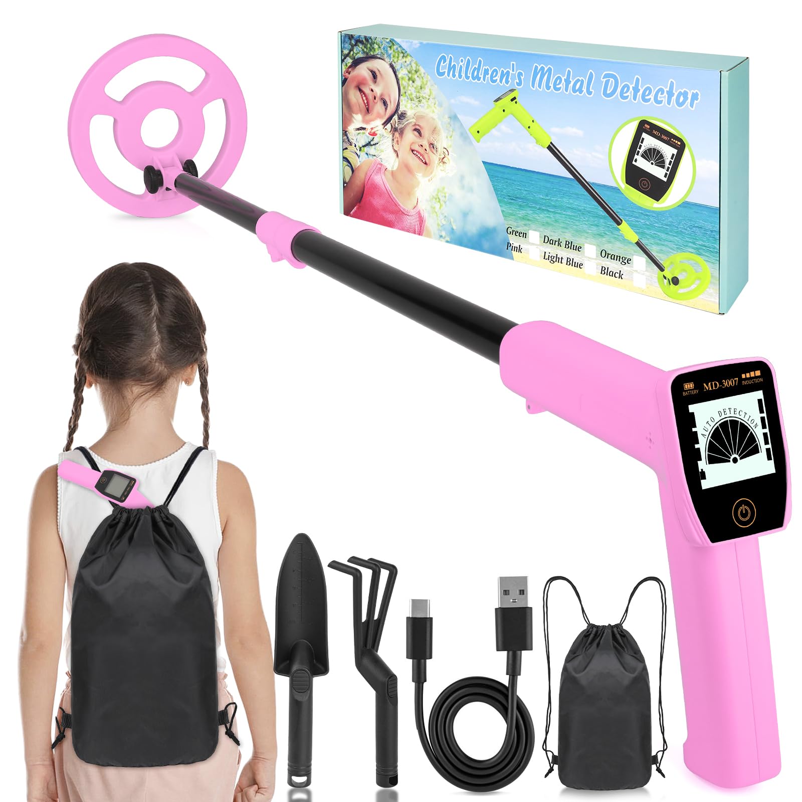Metal Detector Kids - iTayga 2026 Rechargeable Children Metal Detectors with 1800mAh Battery, Adjustable Height 24"-35", High Accuracy Coil Waterproof Gold Detector with LCD Display for Outdoor, Pink