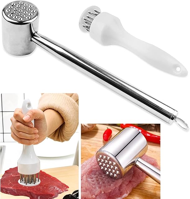 Vandicka Meat Tenderizer Mallet Set of 2 - Stainless Steel Dual Sided Meat Hammer for Flattening & Pounding Beef Lamb Chicken Steak & Needle Meat Hole Puncher for Flavor Marinade