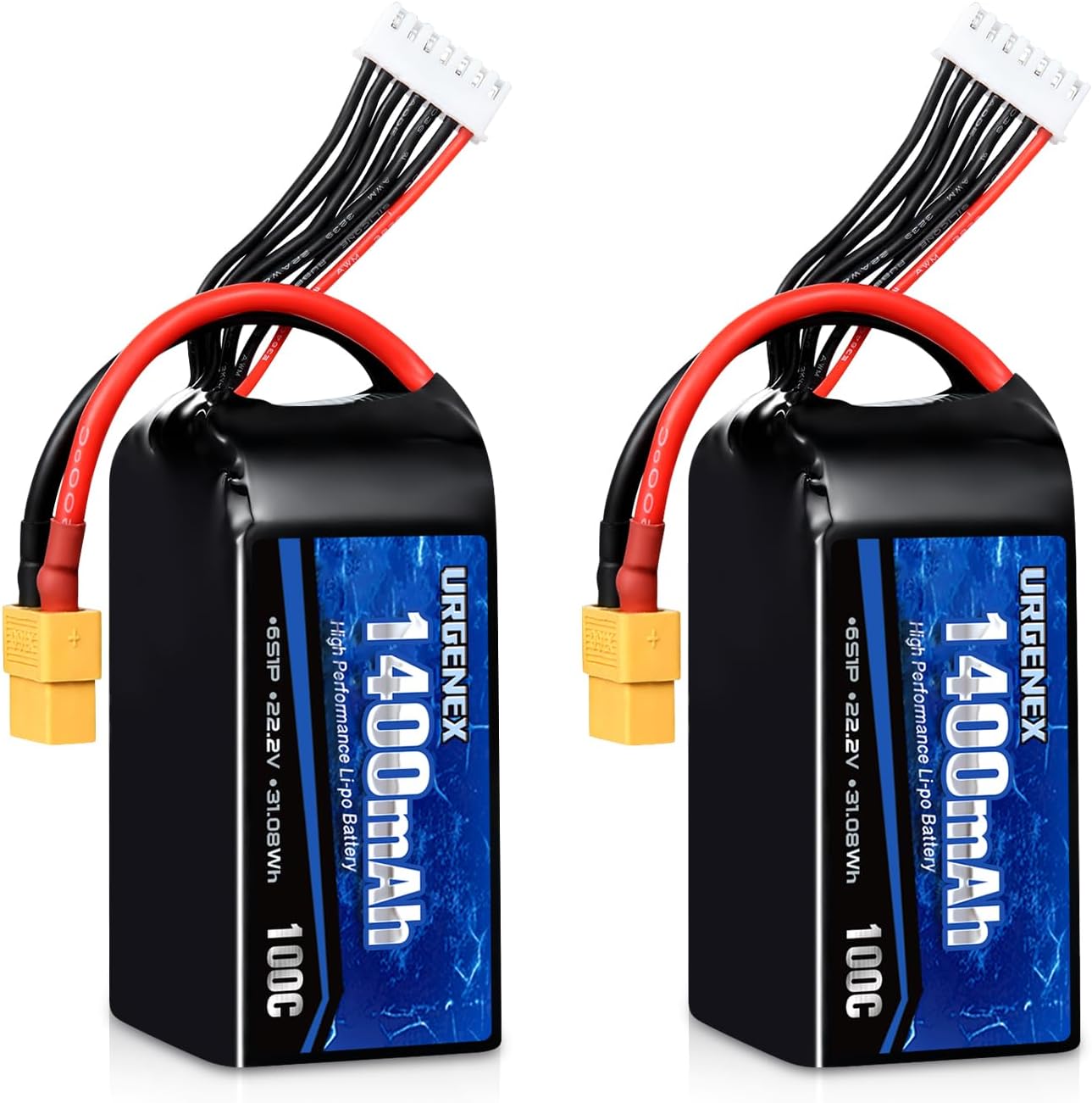 URGENEX 6S Lipo Battery 1400mAh 22.2V 100C with XT60 Plug Fit for FPV Drone Quadcopter Helicopter Airplane Rechargeable Racing Battery