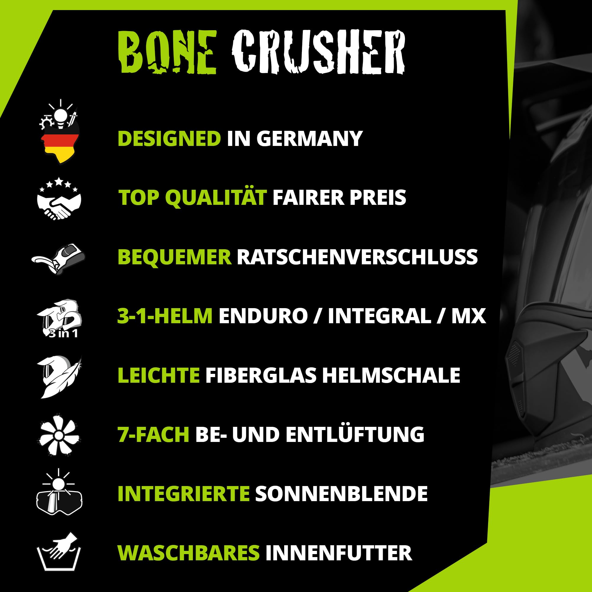Broken Head Bone Crusher Motocross-Helm Rot mit Visier - Enduro MX Cross-Helm - Motorradhelm mit Sonnenblende
