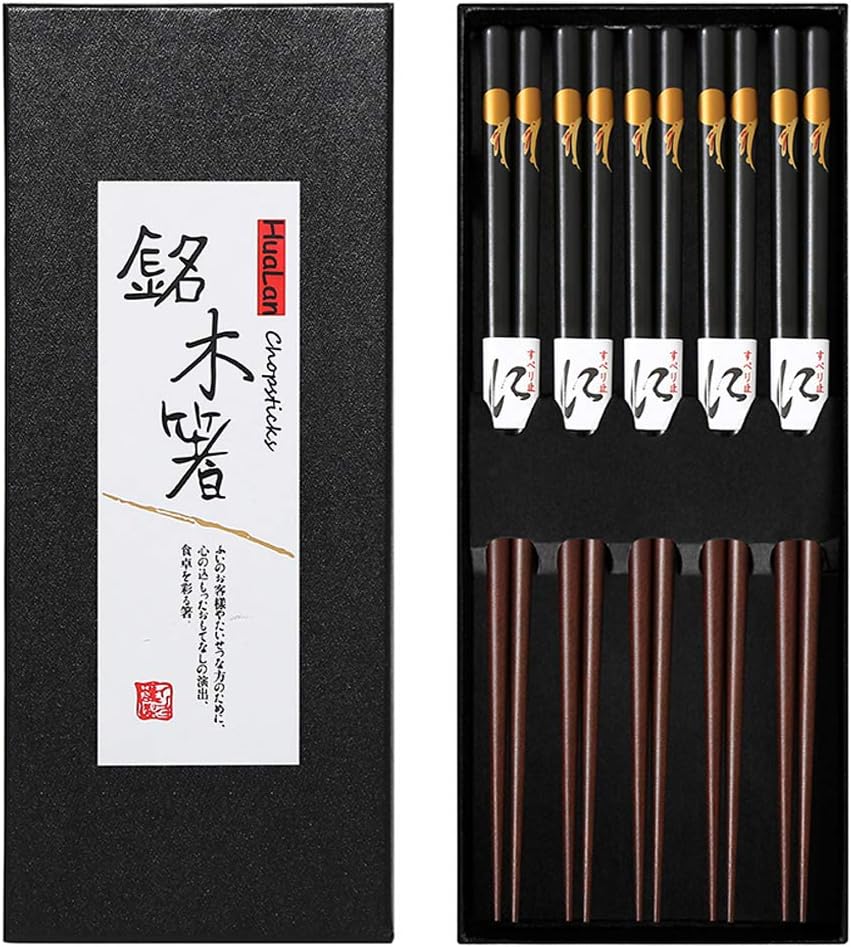 HuaLan Japanese Natural Wood Chopstick Set Reusable Classic Style Chopsticks Non-slip Design Chop Sticks 5 Pairs Gift Set