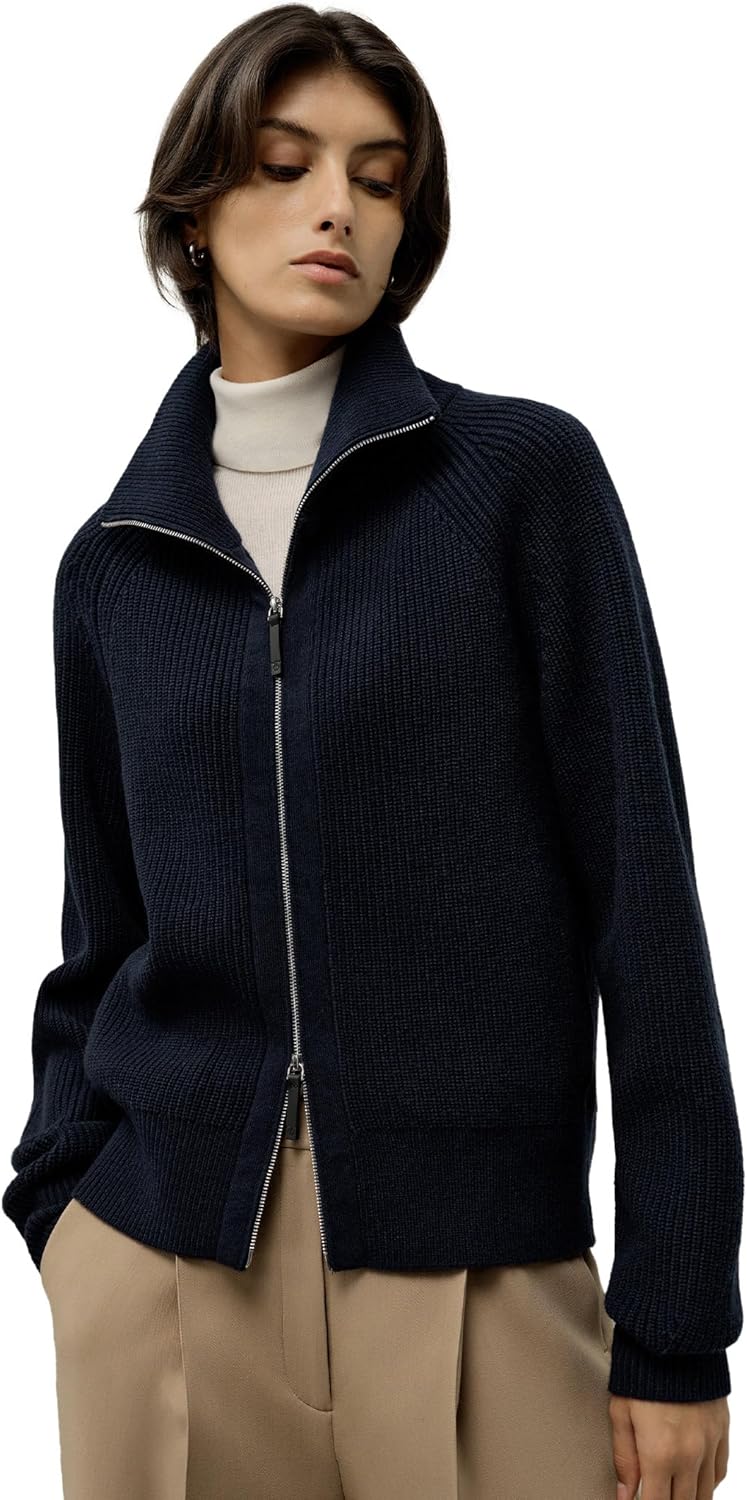LilySilk Women Wool Cashmere Cardigan Stand Collar Zipper Sweater Warm Top Soft