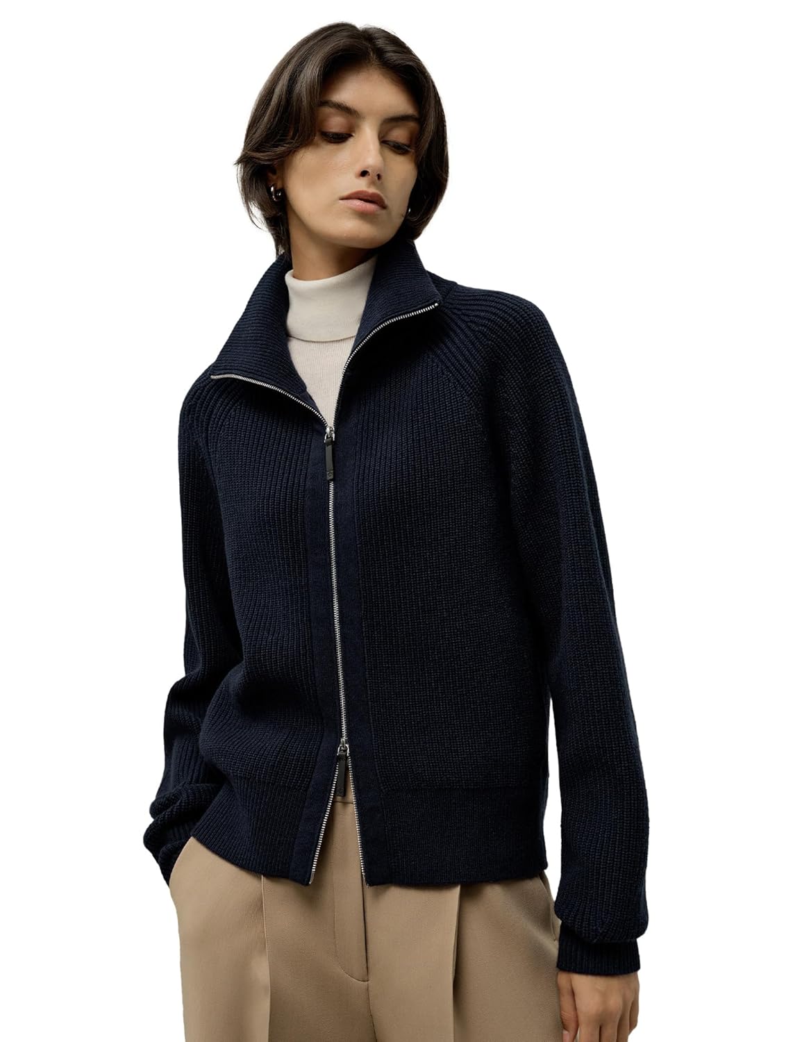 LilySilk Women Wool Cashmere Cardigan Stand Collar Zipper Sweater Warm Top Soft