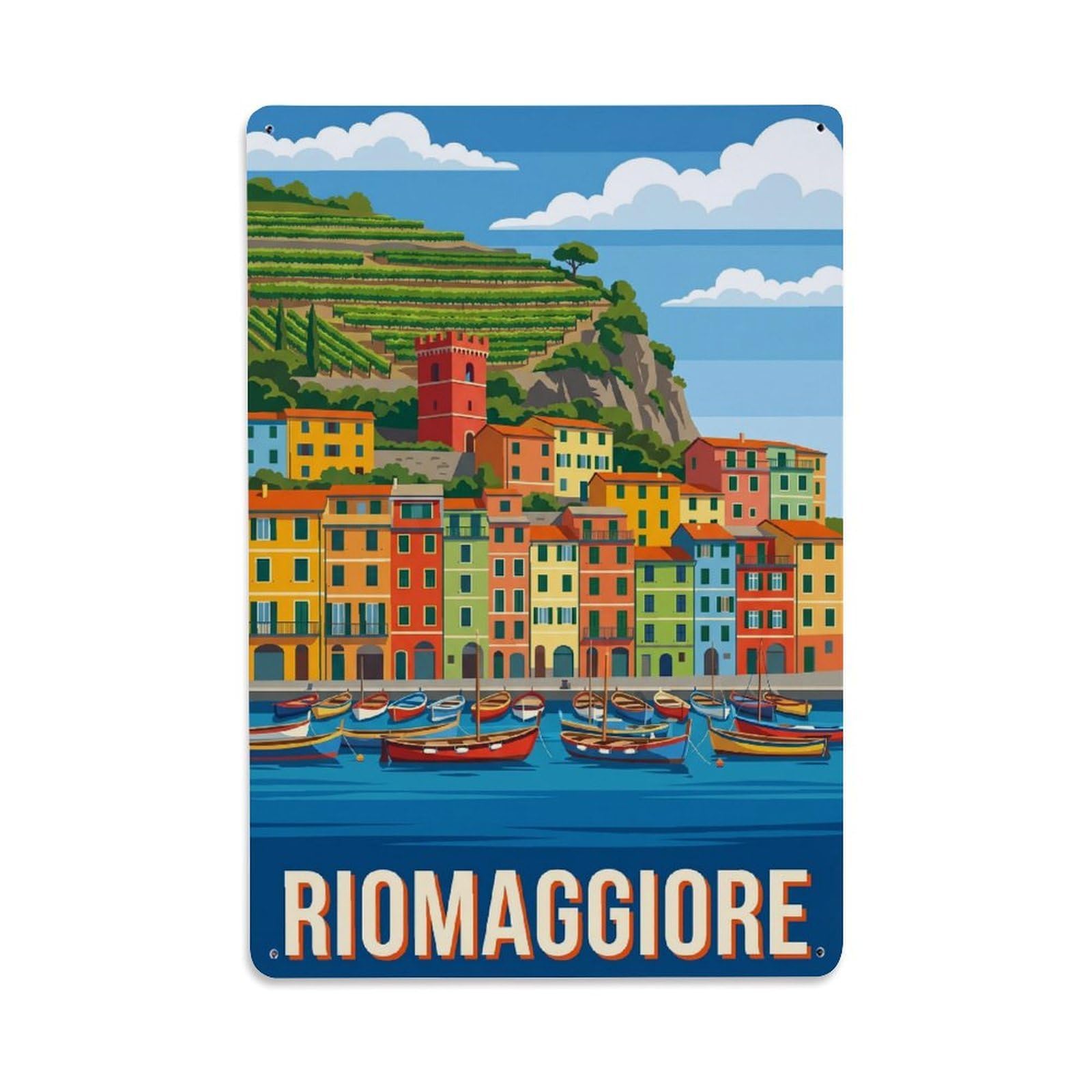 Riomaggiore Italian Riviera Vintage Harbor Travel Metal Tin Sign Plaque Wall Decor for Cafe, Man Cave, Club Bar, Office, Home Garden Round Metal Poster 8x12Inch