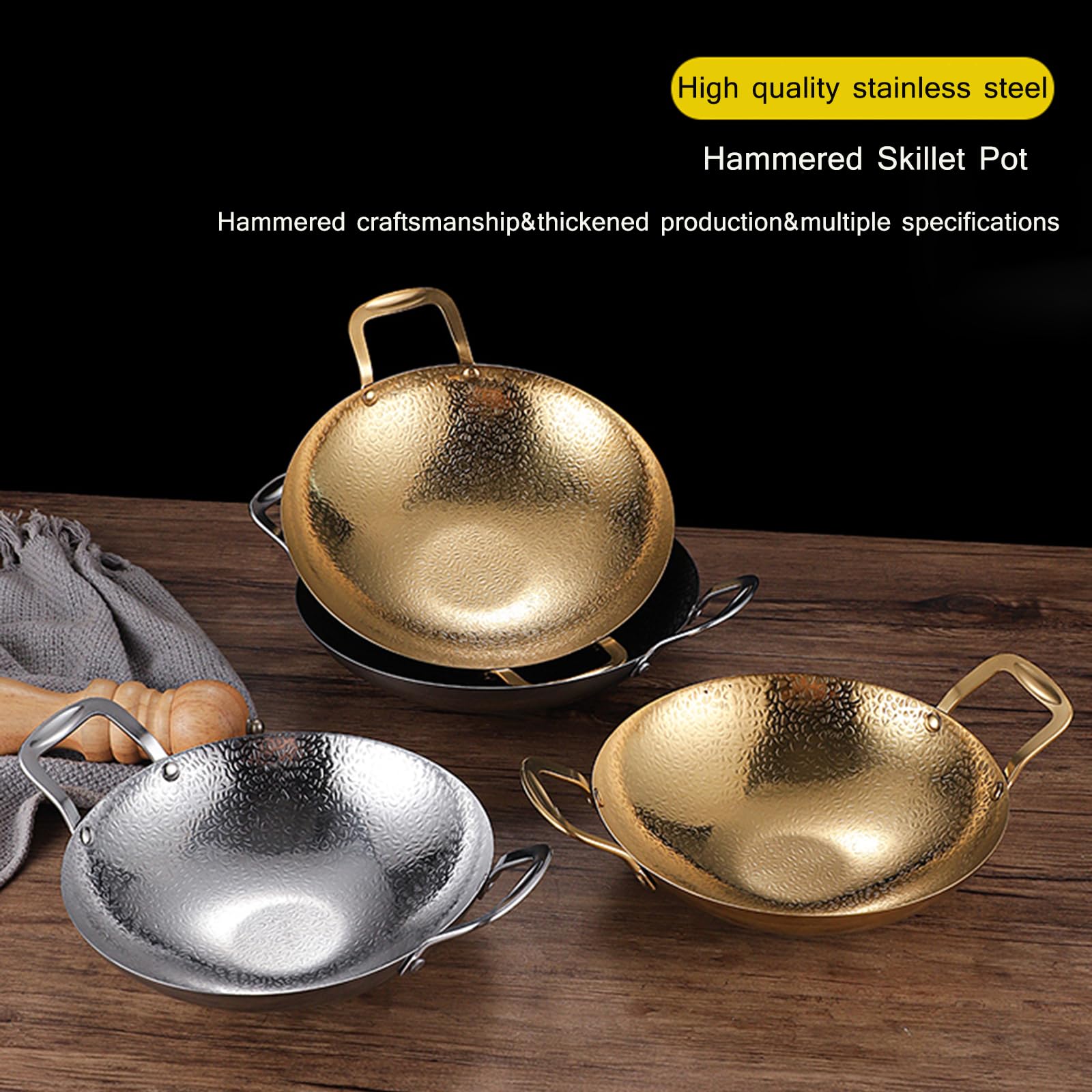 Paellapfanne aus Edelstahl mit Doppelgriffen – 8"/9"/10"/11" unbeschichtet, antihaftbeschichtet, Wok-Grillpfanne, Bratpfanne, runde Teller, Schüssel für Zuhause, Camping und Treffen (Silber
