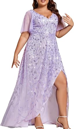 Ever-Pretty Womens Plus Size Sequin Formal Evening Dress A Line High Low Slit V Neck Prom Black Tie Masquerade Dresses