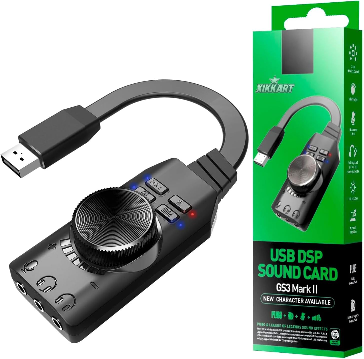 Virtual 7.1 Channel External USB Sound Card Audio Adapter for Gaming Console, Laptop, PC I LED Indicators I Both Single Jack and Dual Jack Headset Connection I Volume Adjust I Play and Plug