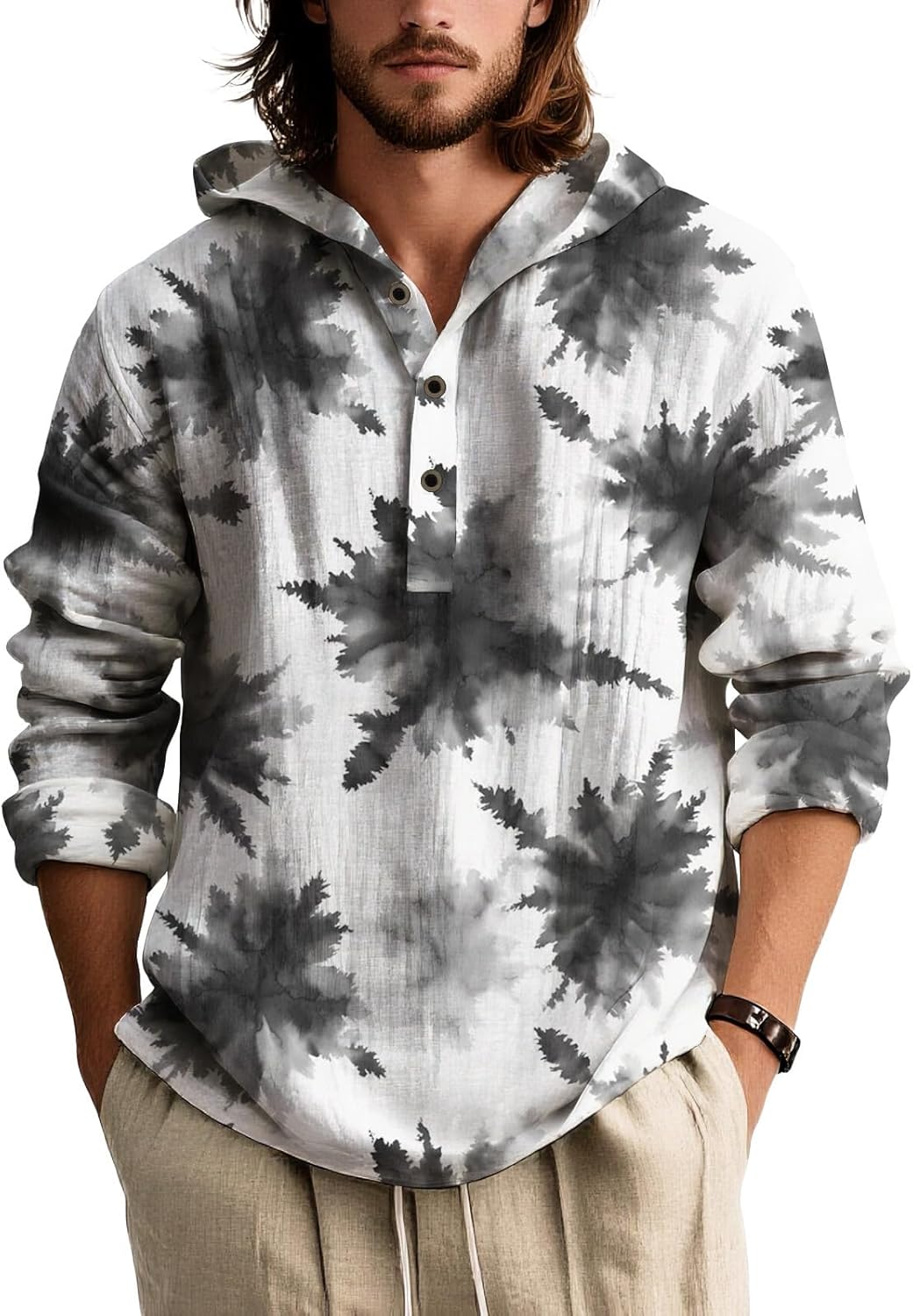 Mens Tie Dye Hooded Long Sleeve Shirt Lightweight Pullover Button Placket Casual To...