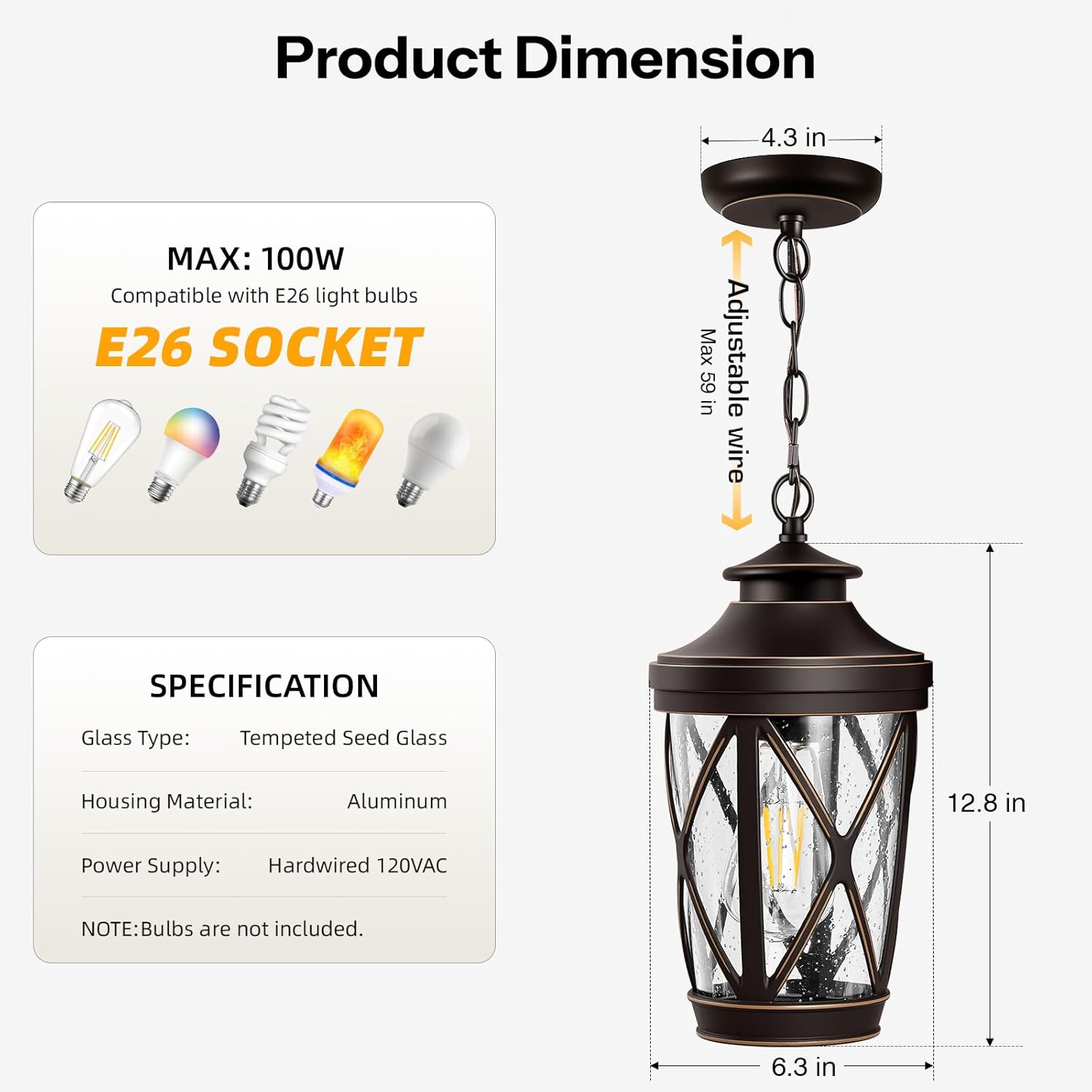 VIANIS Oil Rubbed Bronze Outdoor Pendant Light Fixtures, 1-Pack Outdoor Hanging Light with Dusk to Dawn Sensor, 1-Pack Outdside Chandelier for Porch, Exterior Lantern Ceiling Light with Chain