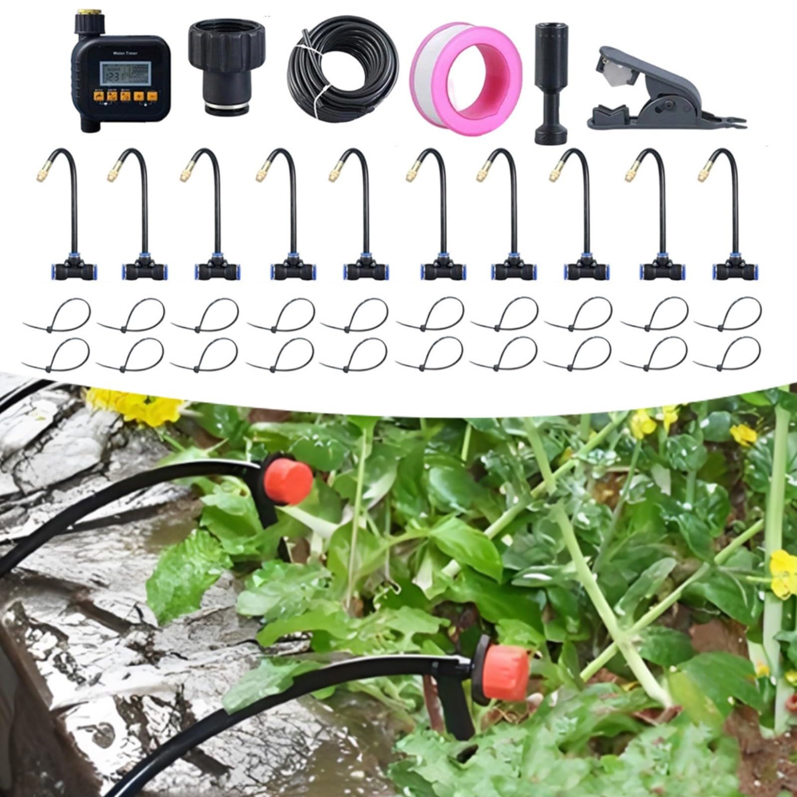 Sistema di irrigazione automatico con timer, ugelli regolabili a 360°, kit di irrigazione a goccia per giardino, connettore rapido, tubo in polietilene (30 m)
