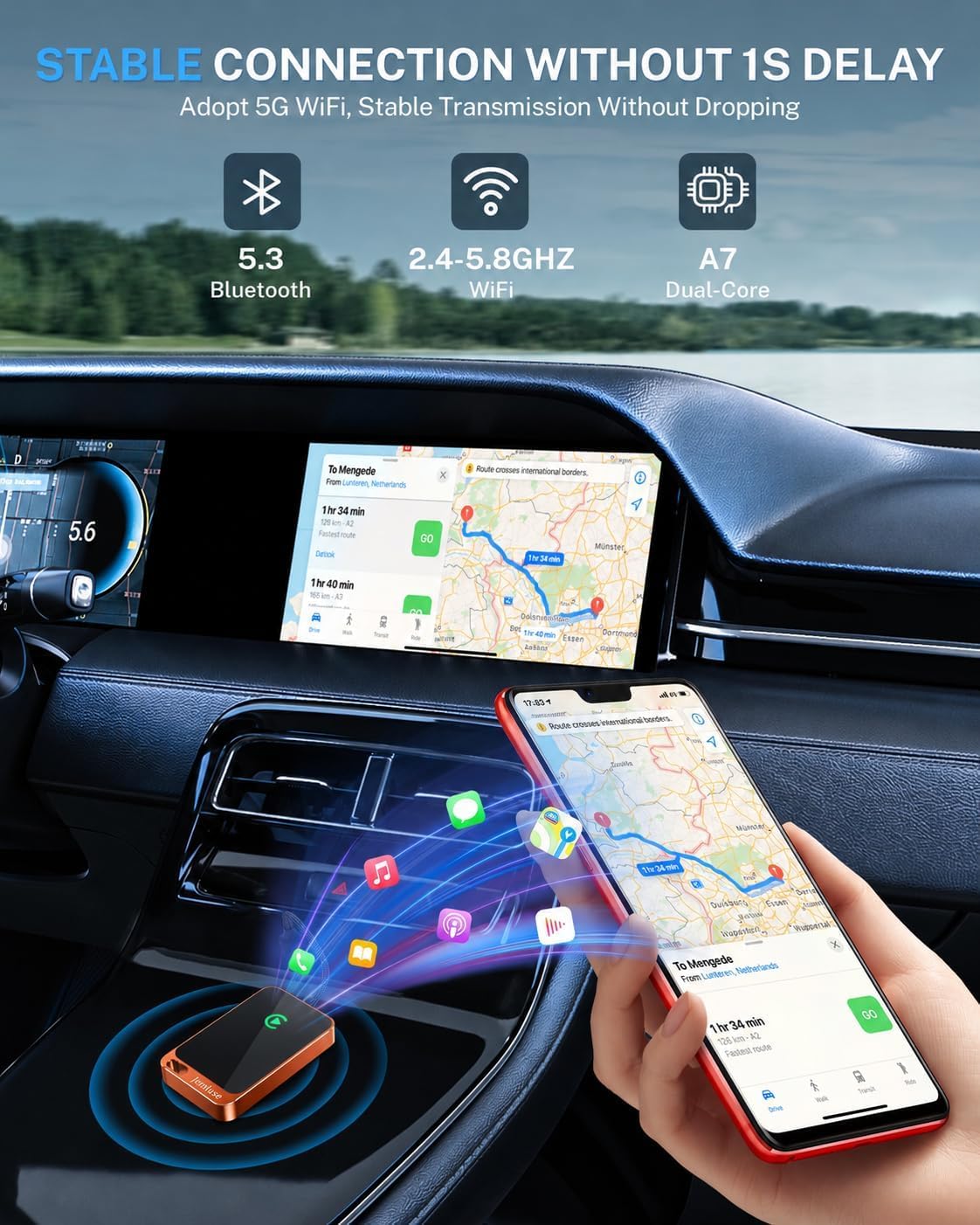 Jemluse Wireless CarPlay Adapter for Apple iPhone - Multi-User Seamless Connection for Convert Wired to Wireless Car Play Adapter - No Latency from iOS 10+ to Screen w/USB C (Cosmic Orange) image 3