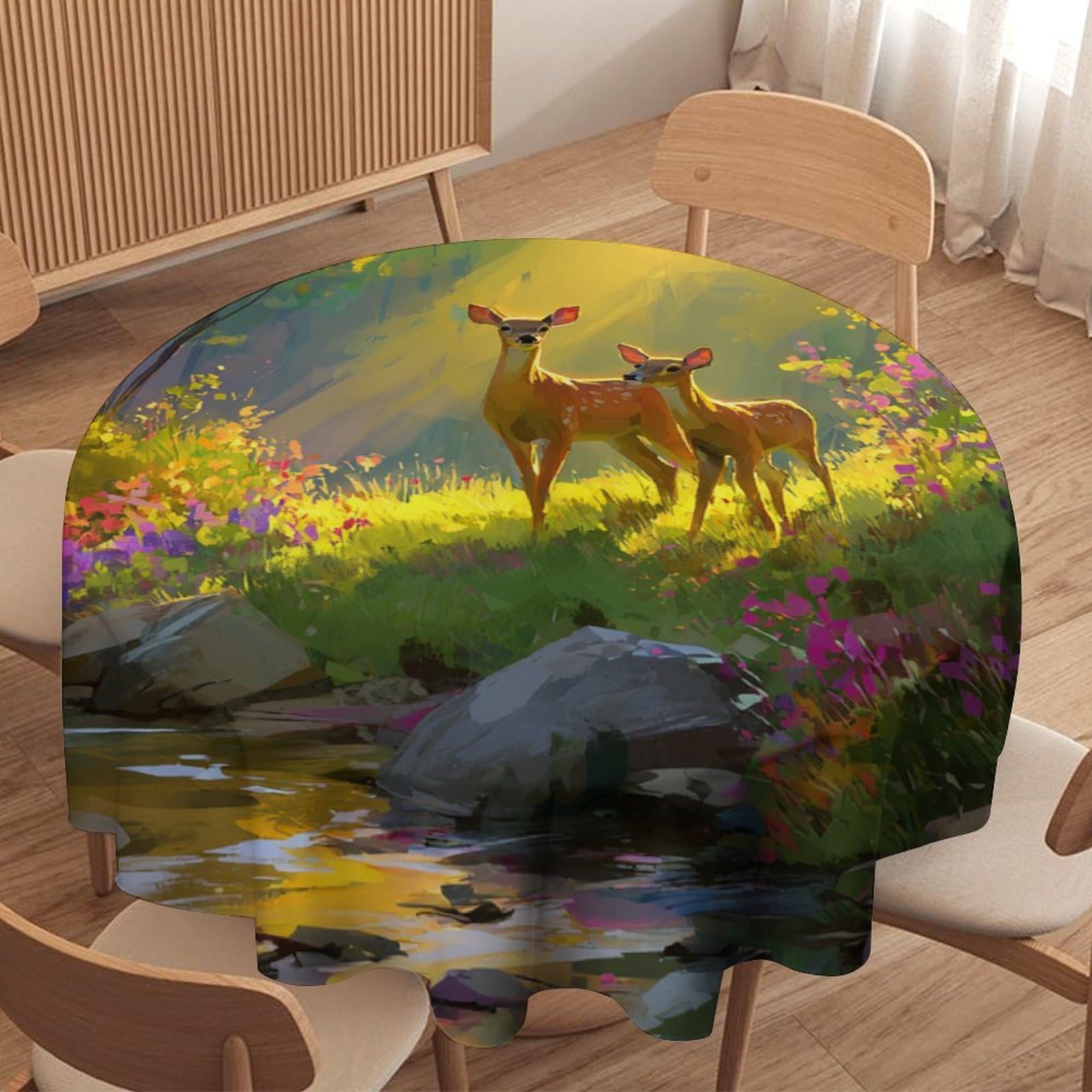 LUYYSKY Western Realistic Animal Deer Round Tablecloth Classic Oil Painting Spring Forest Pink Floral Hunting Theme Wildlife Washable Decor for Table Cover for Kitchen-127 Wx127 L cm