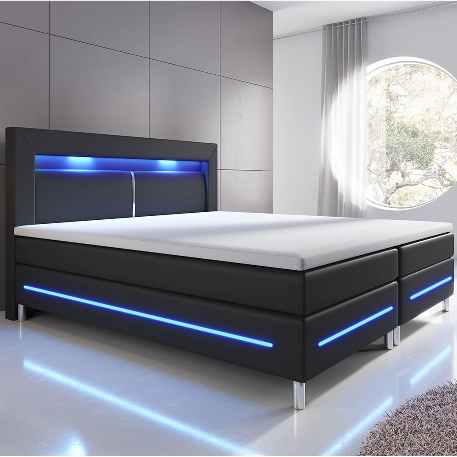 Juskys Boxspringbett Norfolk 140x200 cm mit LED-Beleuchtung, Bonell-Matratze und Topper