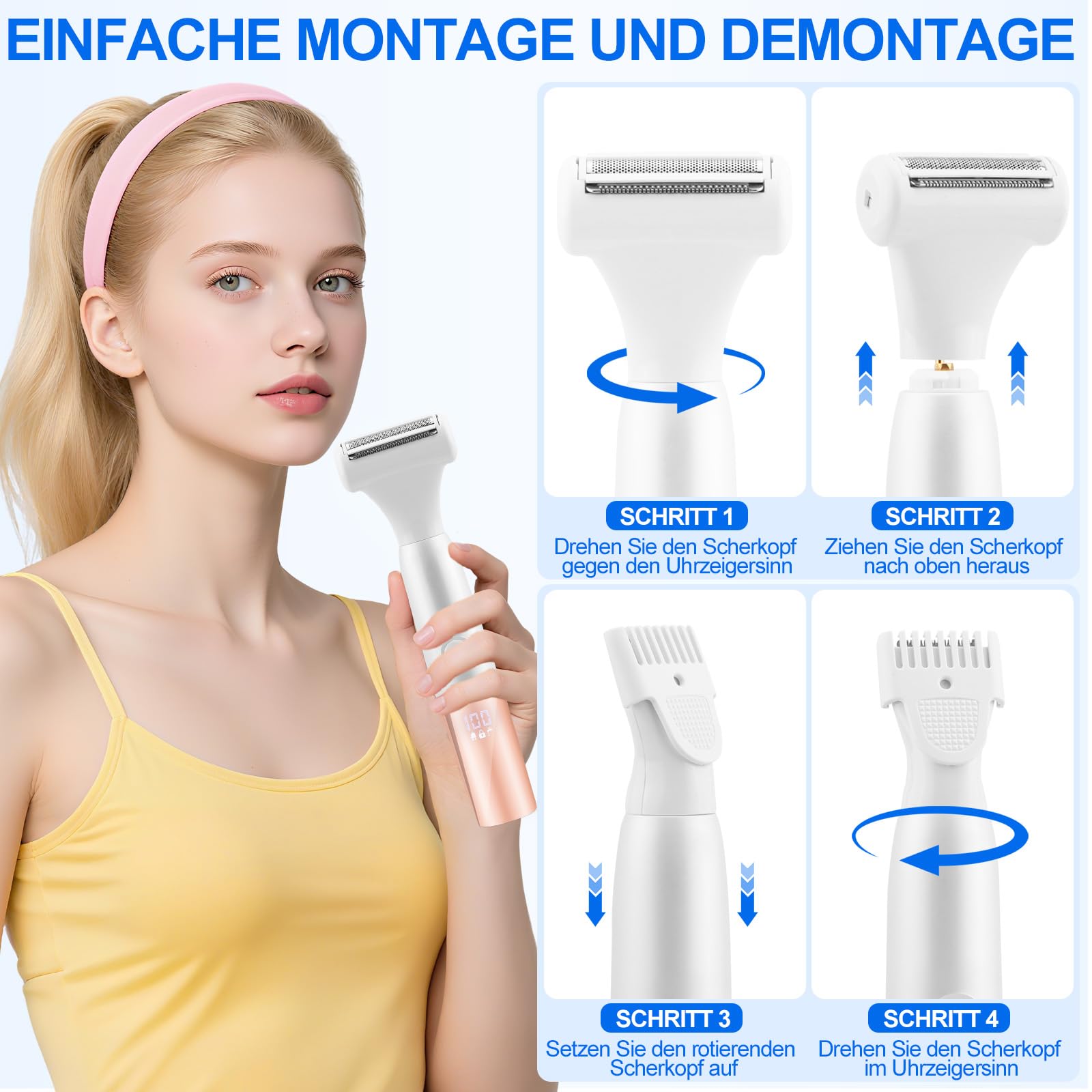 5-In-1 Bikini Trimmer, Kabellos Rasierer Damen, Elektrischer Intimrasierer für Frauen, IPX7 Wasserdichter & LCD-Display, Damenrasierer Intimbereich Elektrisch für Gesicht Bikini Achseln Beine