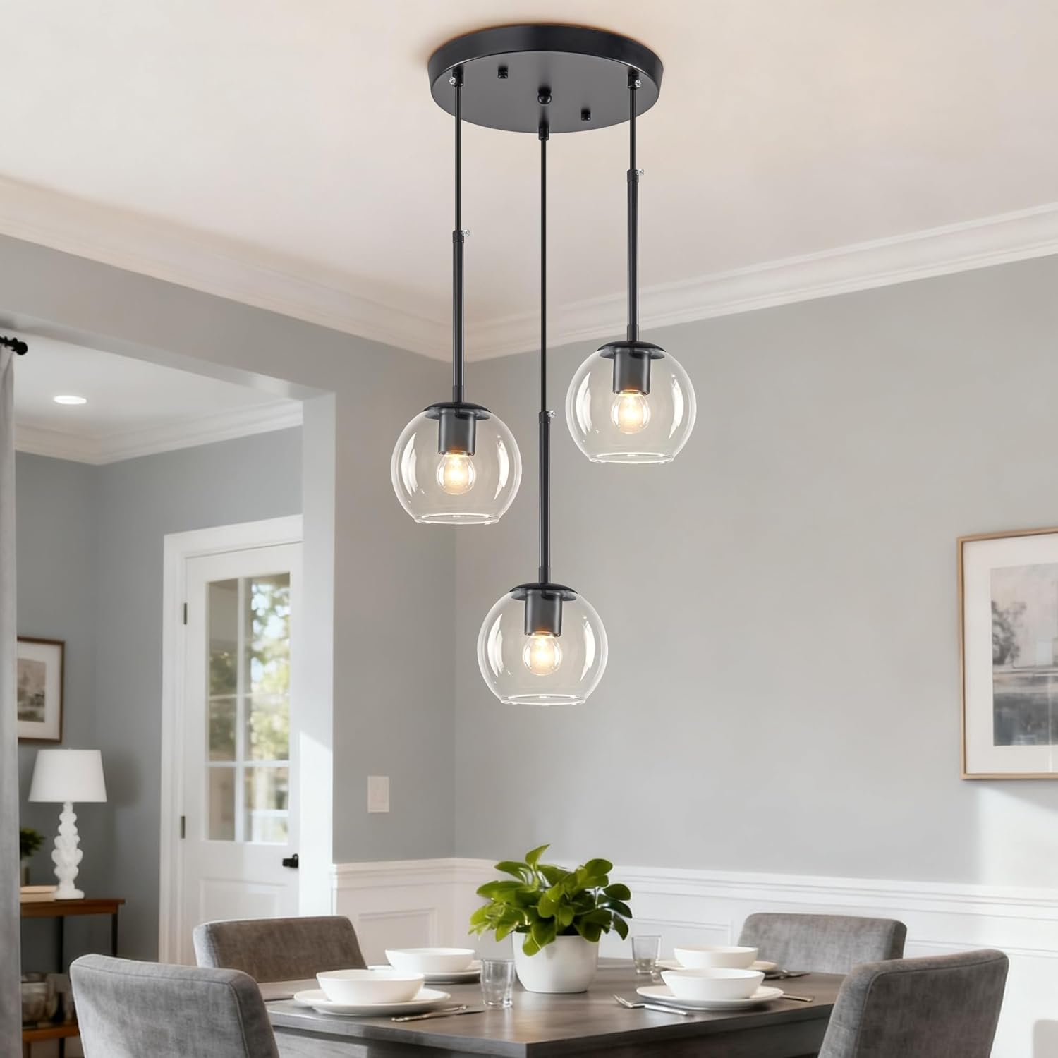 3-Light Black Modern Cluster Pendant Light with Clear Globe Glass Shade, Adjustable Height Pendant Lighting for Kitchen Island Dining Room Bedroom Foyer Entryway